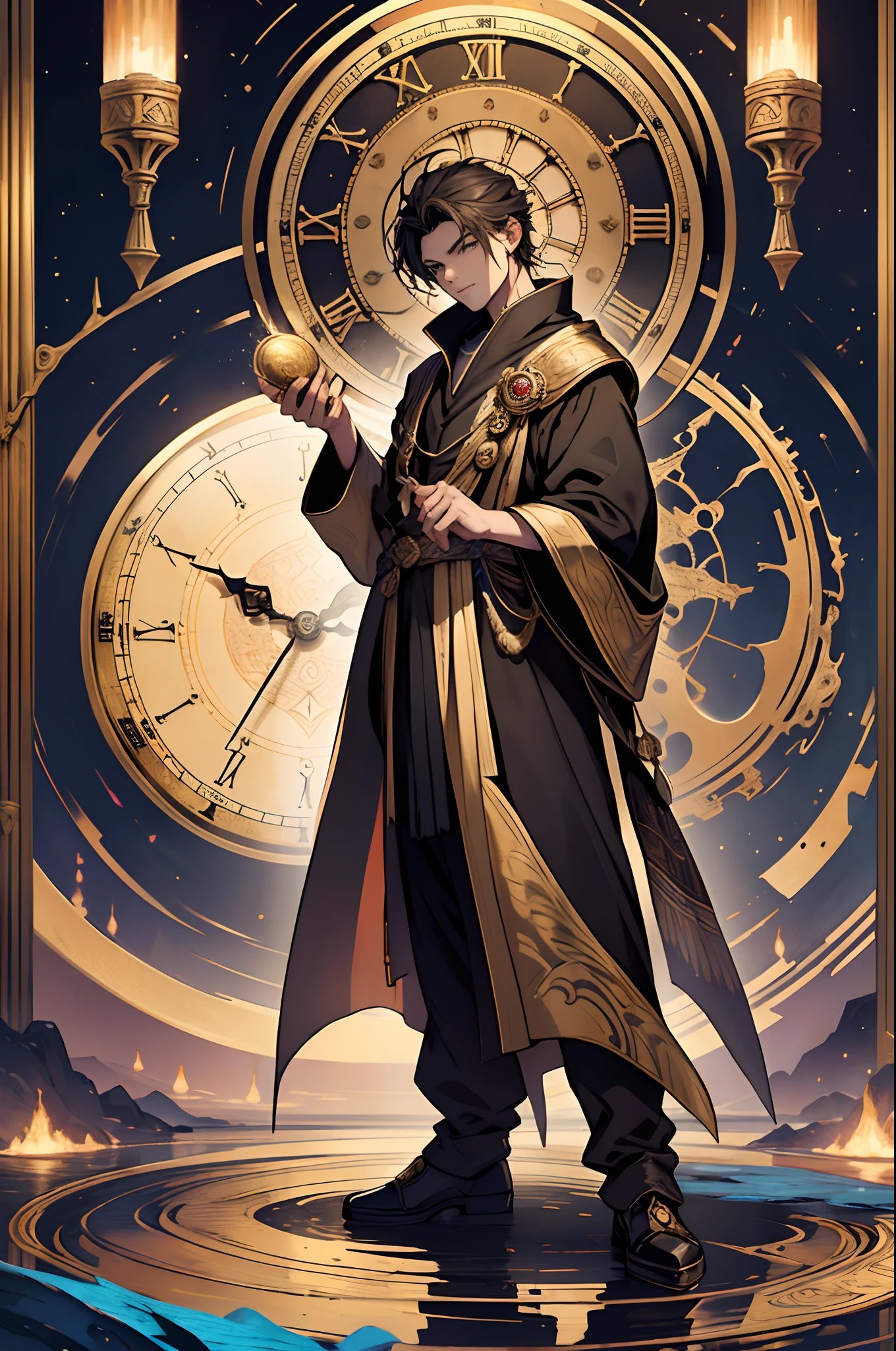 Best quality, high resolution ,1人, male people,Handsome,mature,musculature,Short hair, Black hair, calm, Sit Pose, Glasses, Robe, Many tarot cards, Starry background, Star chart, Huge golden clock, astrology, wizard, loft, indoor，Close-up