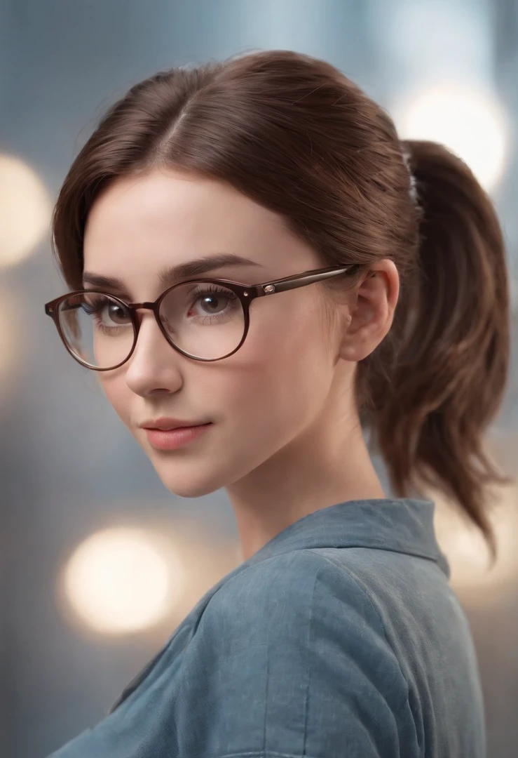 cartoon style girl full body ,brown hair with pony tail , wearing glasses, different angles, character sheet
