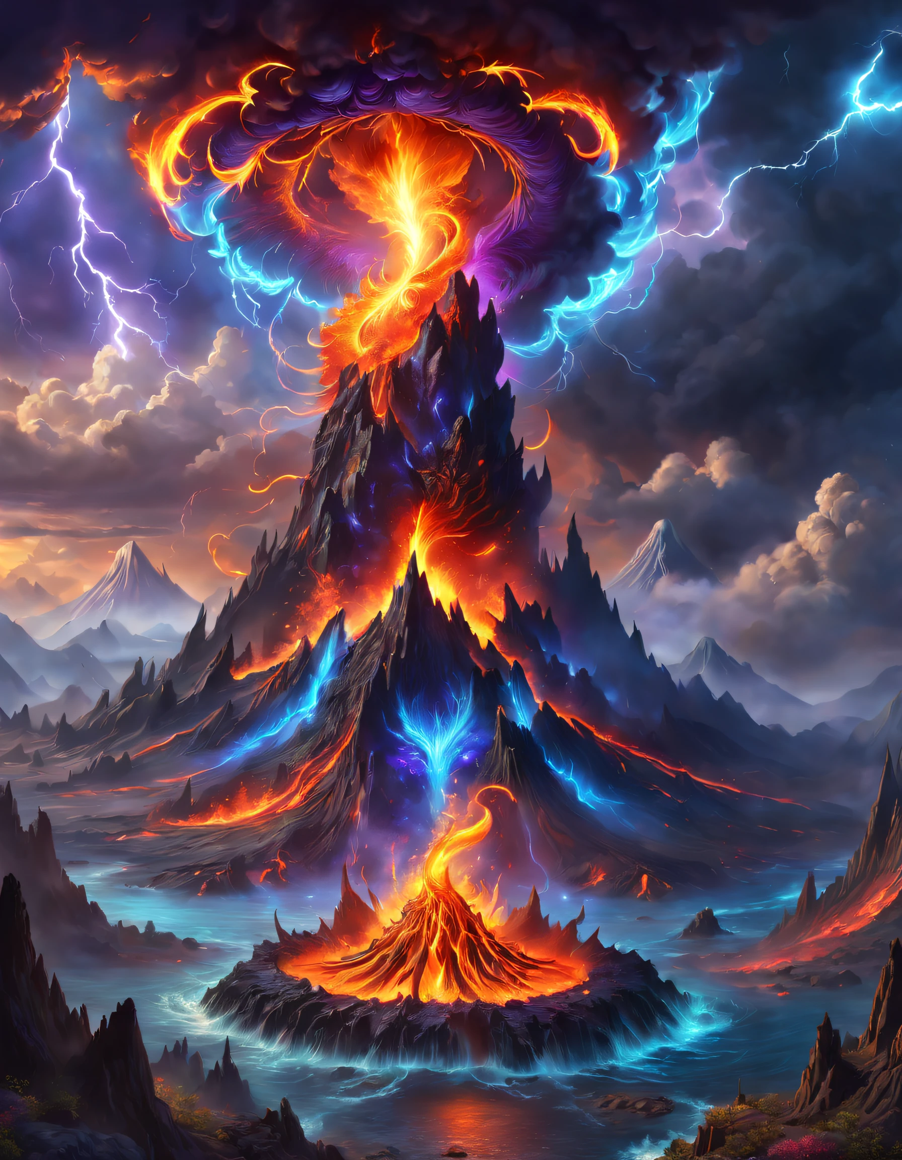 Doomsday landscape,a volcano erupts,Flame sputtering,blasts,molten lava,The phoenix emerged from the smoke,Liquid lava,Colorful phoenix,Paired with purple and blue, fantasy highly detailed, With gorgeous magic lightning rings, magia, beautiful detailed fantasy, hyper-high detail, , magic fantasy highly detailed, stuning fantasy 3 d render, Inspired by L. Highly detailed aesthetics, hyper-high detail
