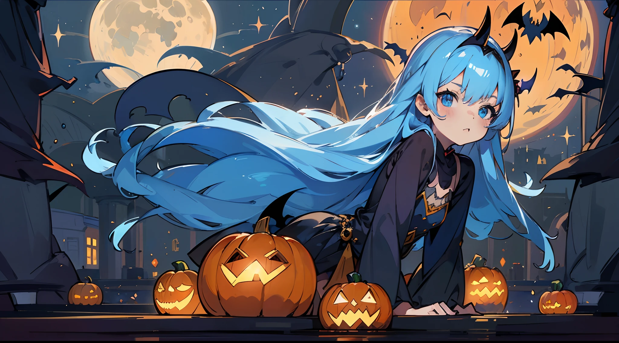 (The skin is not exposed, Small Devil,tusk), (Solo), Kawaii Girl (1), Halloween castle in the background, pumpkins, the bats,Shining moonlit night,((Shiny blue super long hair, Shines)), (Faces are very close), (Blue eyes), (Detail Objects)、