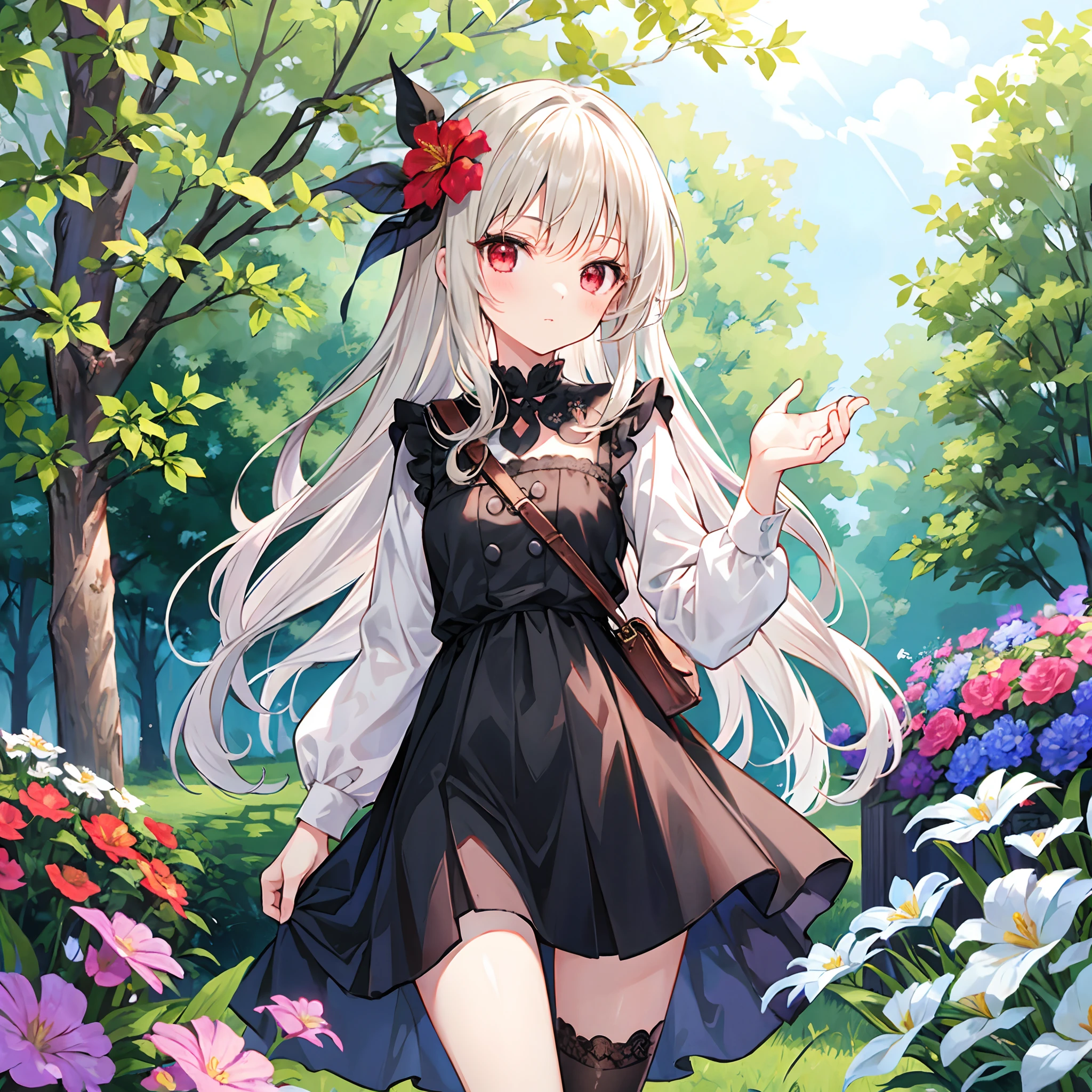 Girl with gray hair and red eyes、Blonde and red-eyed girl、Fluffy clothes、Black tights、Sunlight、flower field、