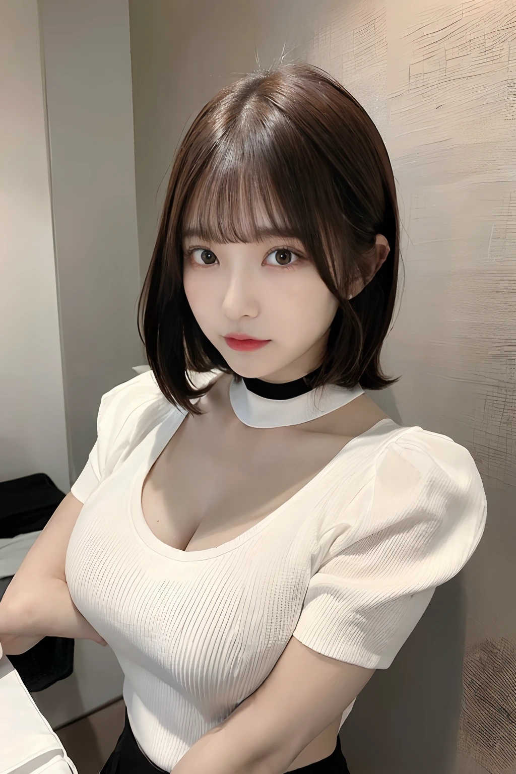 Top image quality 4K picture quality 8K picture quality There are two women(1st person:japanes、22year old、Height 150 cm、Long black hair、huge tit、g-cup、Wearing a white knit with visible cleavage、The crotch is hidden by a black miniskirt)、(2nd person:japanes、20yr old、Height 145 cm、Brown hair short hair、discreet breasts、D-cups、Wearing a white shirt with a collar、Wearing a black miniskirt) Standing in the middle of a hotel room looking at me I'm looking up at it