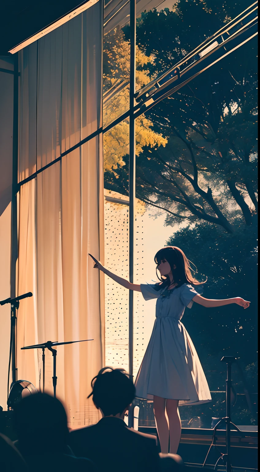 (best quality:1.4),1girl, on the stage, full of audiance, soft lighting,gentle breeze,sundress,blown hair,brightly lit room,mesmerizing artwork,natural sunlight,peaceful ambiance,captivating colors,serene atmosphere,subtle shadows