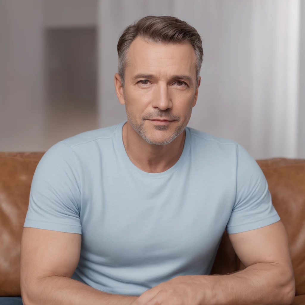 American man, middle aged Photorealistic Masterpice on sofa, wearing t-shirt,without any light, Perfect Full Body, Perfect Face, HD, distance frame