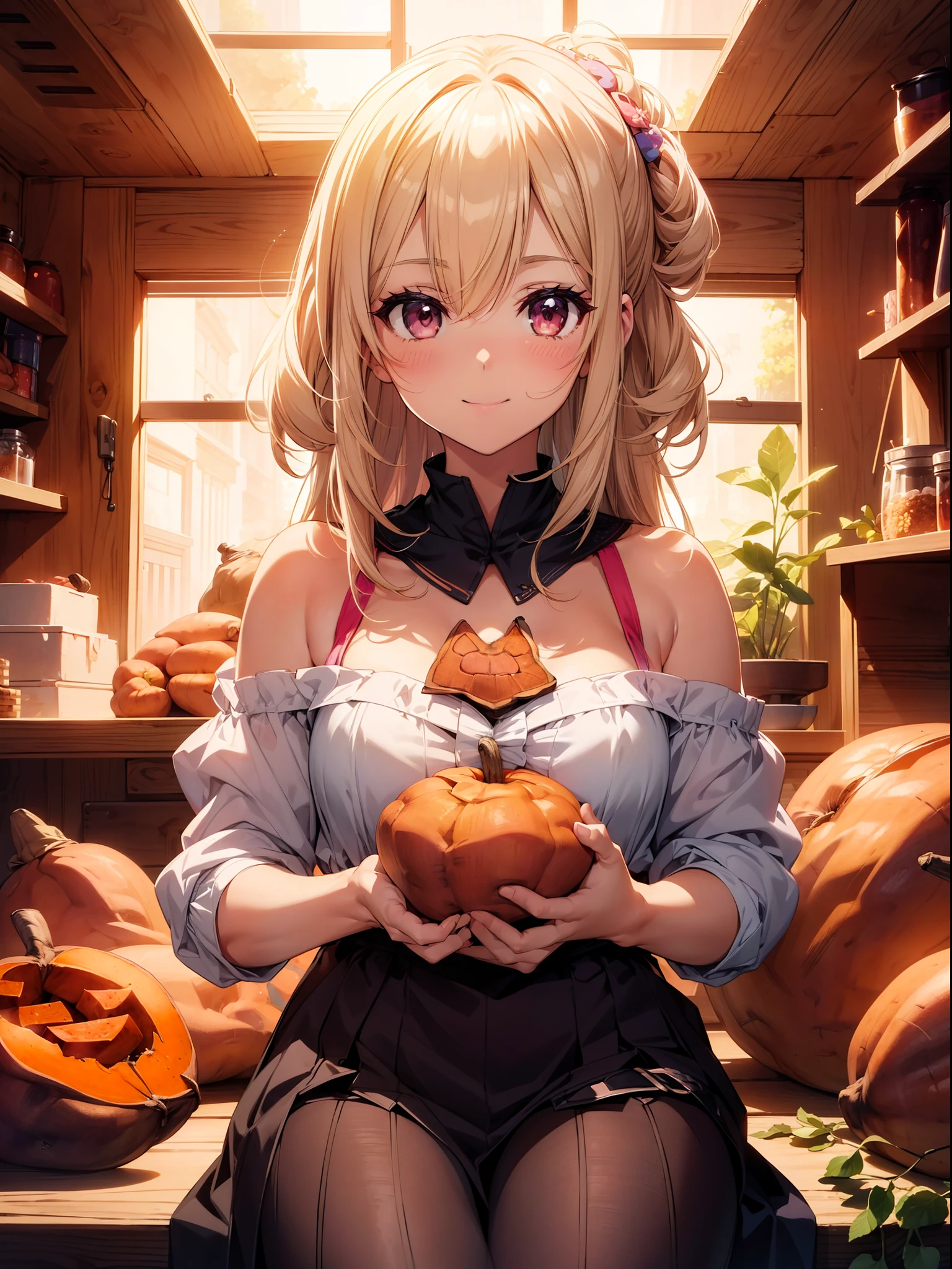 1 cute girl, (holding sweet potato) ,character focus,upper shoulders, portrait , front ,close to viewer, smile , blush , high resolution,(incredibly absurdres), (hires.fix:1.3),anime visual,extremely detailed CG unity 8k wallpaper, ((masterpiece)), ((top-quality)), (beautiful illustration), ((an extremely delicate and beautiful))