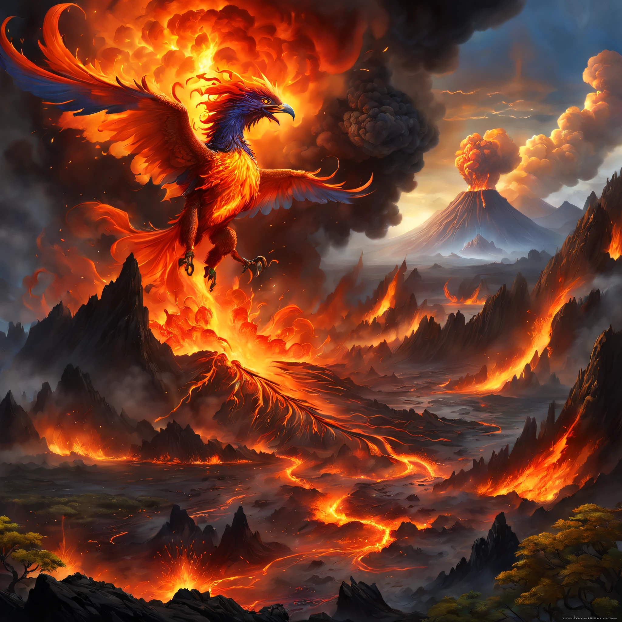 Doomsday landscape，Huge volcanic eruptions，Flame sputtering，molten lava，erupting，The phoenix emerged from the smoke，Nuclear barrage，Liquid lava，hydrosphere，Colorful phoenix，（illustratio：1.0）、Epic composition、Realistic lighting、high definition detail、tmasterpiece、Best quality，（非常详细的 CG 统一 8k 壁纸）