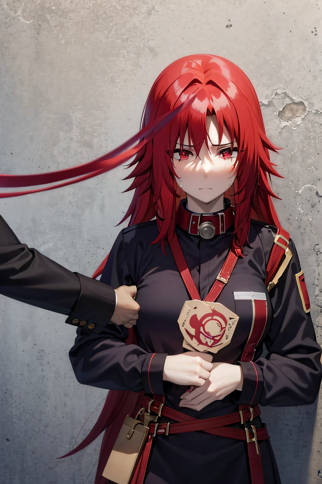 red hair,red eyes,,sad,despair,cry,tears,(collar),(leash),(ball gag),X body pose,tied up,tied to the wall,