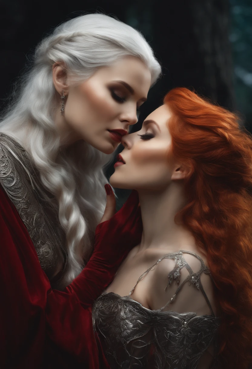 beautiful ethereal silver haired female licking the nipple of a beautiful bright red haired elven female