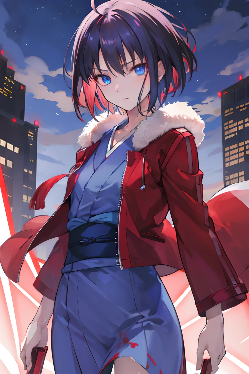 masutepiece, Best Quality, hight resolution, Humushiki, Short hair, Ahoge, Red jacket without emblem, Blue eyes, Blue kimono with long hem, Open your clothes, Fur trim, Glowing iris eye, Cowboy Shot, Outdoors, Night,