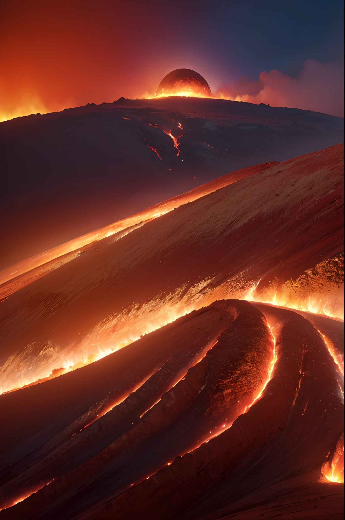 (((A planet in the universe))),(((The mountain is on fire,Glowing red))),Realistic, HD, hdr, hyper HD, 64k, Highly detailed, professional, commerciaphotography, Best quality,Natural light, harmonious color tones,