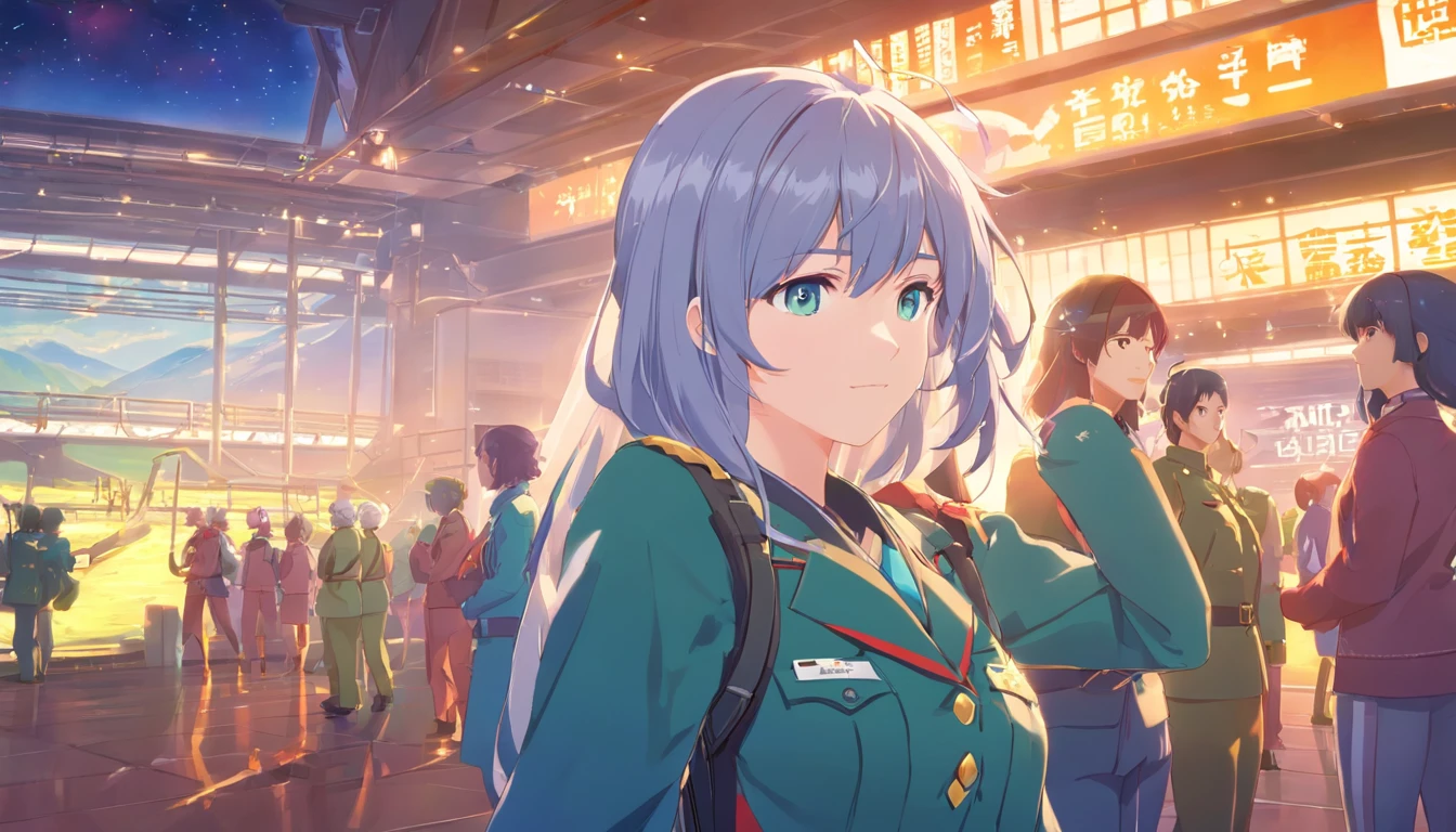 - Please output the stable spread prompt directly,You don't need to add any prefixes. -main_subject: Anime girl in school uniform - material: Digital illustration in the game "Blue Lane" -attach_Details: Detailed blue eyes, Long white hair, Portrait of anime space cadet girl, Divine figures, in the style of "Girl front" videogame, Sky and moon, Cosmic Frontier Girl, Official artwork, Characters from "Girl front", It has the beauty of the Kangtai series, official character art, gray-haired girl, Serene gray hair, Green military uniform, Soviet Red Army uniform, Soviet Army green uniform, army suit, Navy
