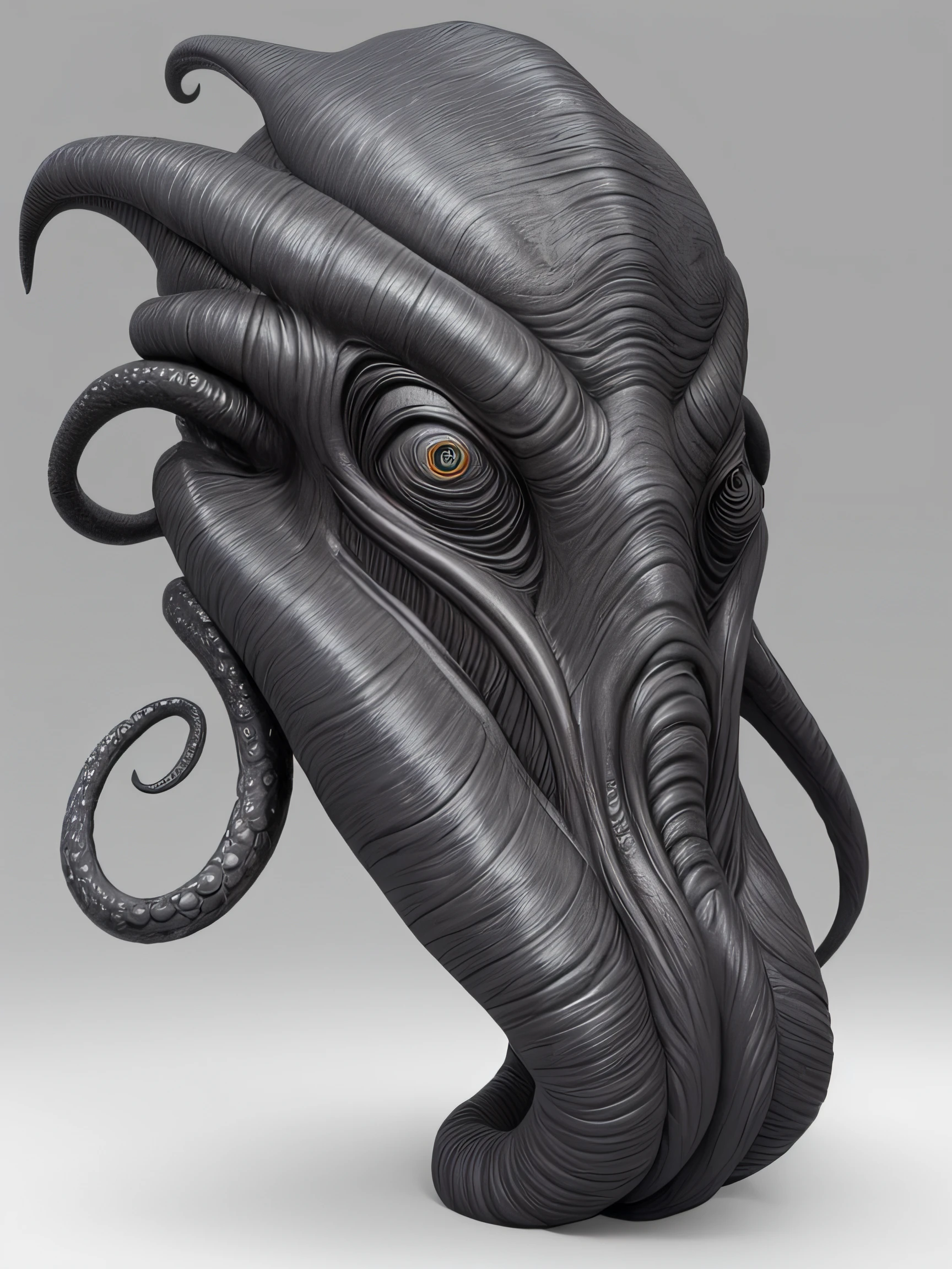 Black and white photo of a man with a large head and tentacles near his mouth, full - body, Athletic build, realistic creature concept, grey skin, bald head, elongated head, sharp teeth, eyes without pupils, Made with Zbrush, Sculpture in Zbrush, Rendered in Zbrush, Zbrush 3D рендеринг, Lovecraft's Sea Creature, Portrait of Kthulu, Concept art of the creature, Painted in Zbrush, Creature design, Modeled in Zbrush, ZBrush Render