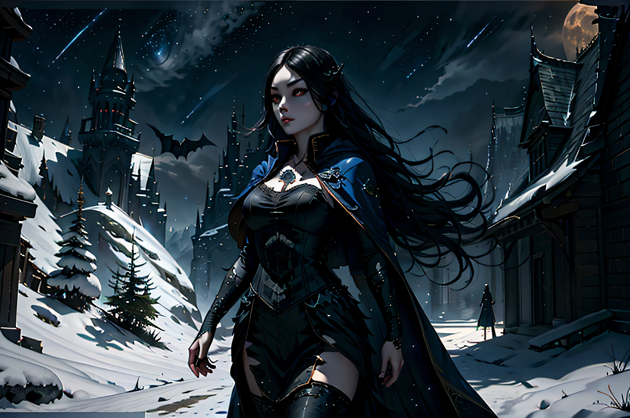 a picture of an exquisite beautiful female vampire standing under the starry night sky on the porch of her castle, dynamic angle (ultra detailed, Masterpiece, best quality), ultra detailed face (ultra detailed, Masterpiece, best quality), ultra feminine, (black skin: 1.3), black hair, wavy hair, dynamic eyes color, cold eyes, glowing eyes, intense eyes, dark red lips, [fangs], wearing white dress (ultra detailed, Masterpiece, best quality), wearing blue cloak (ultra detailed, Masterpiece, best quality), long cloak, flowing cloak (ultra detailed, Masterpiece, best quality), wearing high heeled boots, sky full of stars background, moon, bats flying about, high details, best quality, 8k, [ultra detailed], masterpiece, best quality, (ultra detailed), full body, ultra wide shot, photorealism, dark fantasy art, dark fantasy art, gothic art, many stars, dark fantasy art, gothic art, sense of dread,