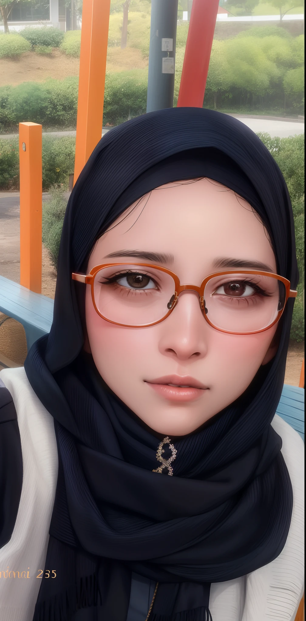 woman wearing glasses and a black scarf sitting on a bench, 2 , 2 7 years old old, 3 2 yearsars old, farida6 years old, malaysian, 2 3 years old, studeasses, 2 4 years old, 30 yman, 3 0 years old woman