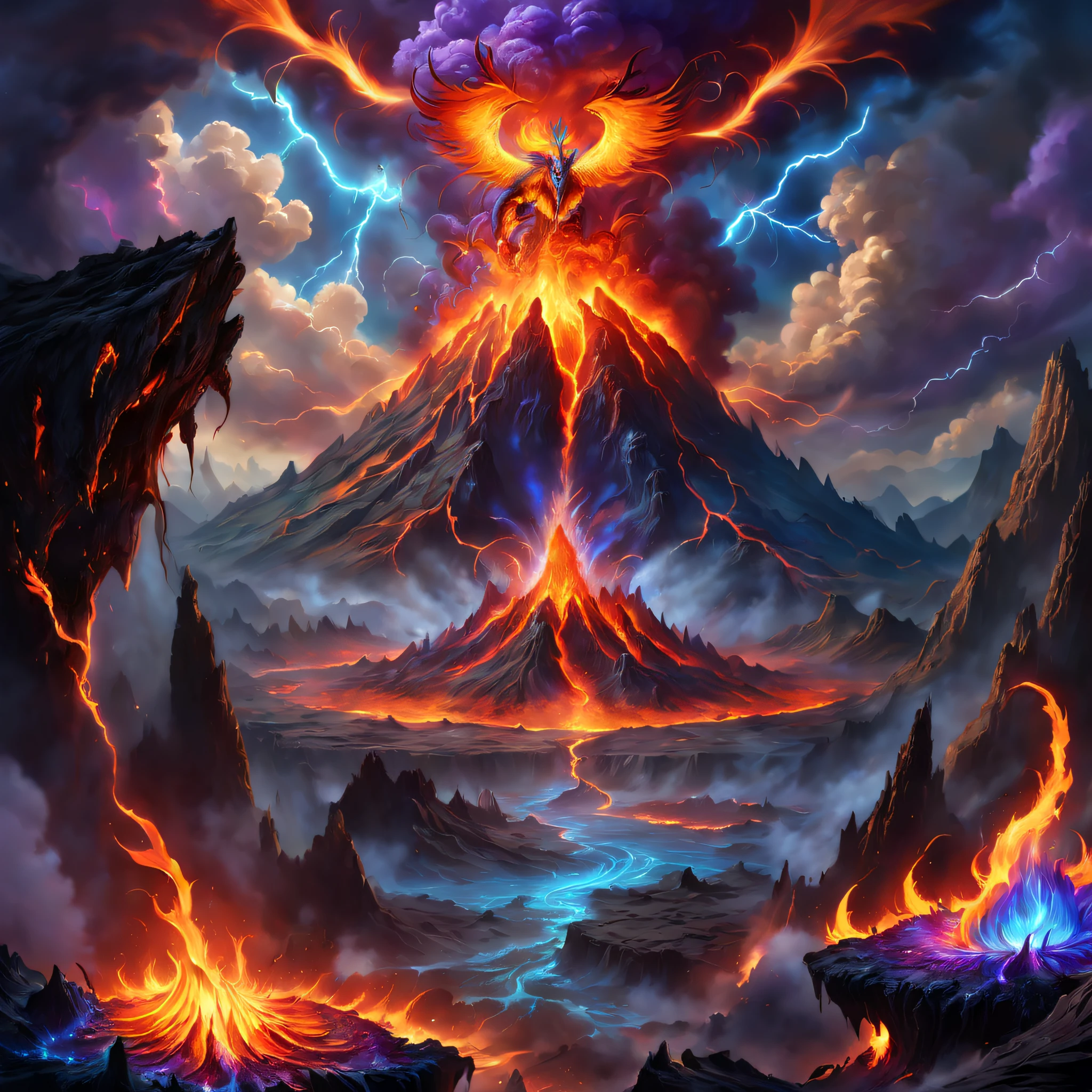 Doomsday landscape，a volcano erupts，Flame sputtering，blasts，molten lava，The phoenix emerged from the smoke，Liquid lava，Colorful phoenix，Paired with purple and blue, fantasy highly detailed, With gorgeous magic lightning rings, magia, beautiful detailed fantasy, hyper-high detail, , magic fantasy highly detailed, stuning fantasy 3 d render, Inspired by L. Highly detailed aesthetics, hyper-high detail