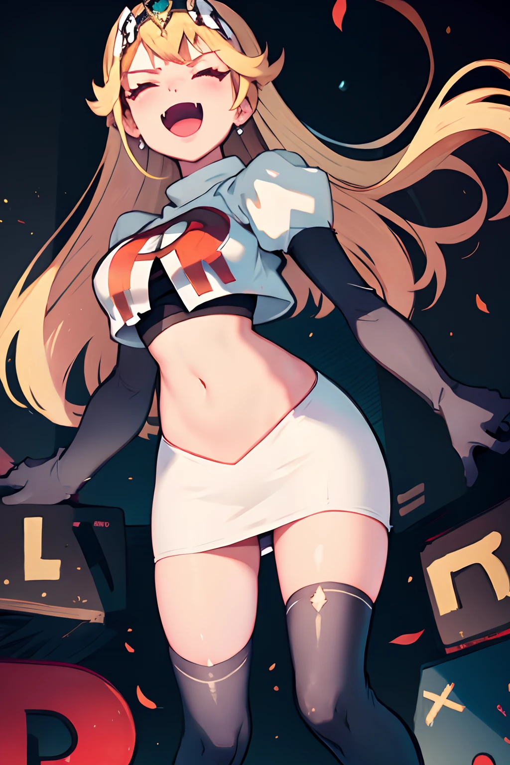 mythra,team rocket,team rocket uniform, red letter R, white skirt,white crop top,black thigh-highs,black elbow gloves, evil laugh