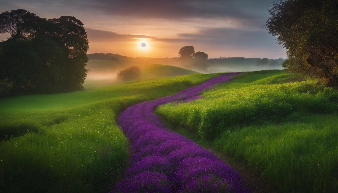 a purple path in the middle of a green field, ((giant sun)),an ultrafine detailed painting by Daren Bader, shutterstock contest winner, neo-romanticism, soft mist, made of mist, deviantart,Fujifilm XT3,by Steve McCurry, by Alessio Albi, by Lee Jeffries, by Herb Ritts, by Jeremy Man，long shot,wide view, commercial photography