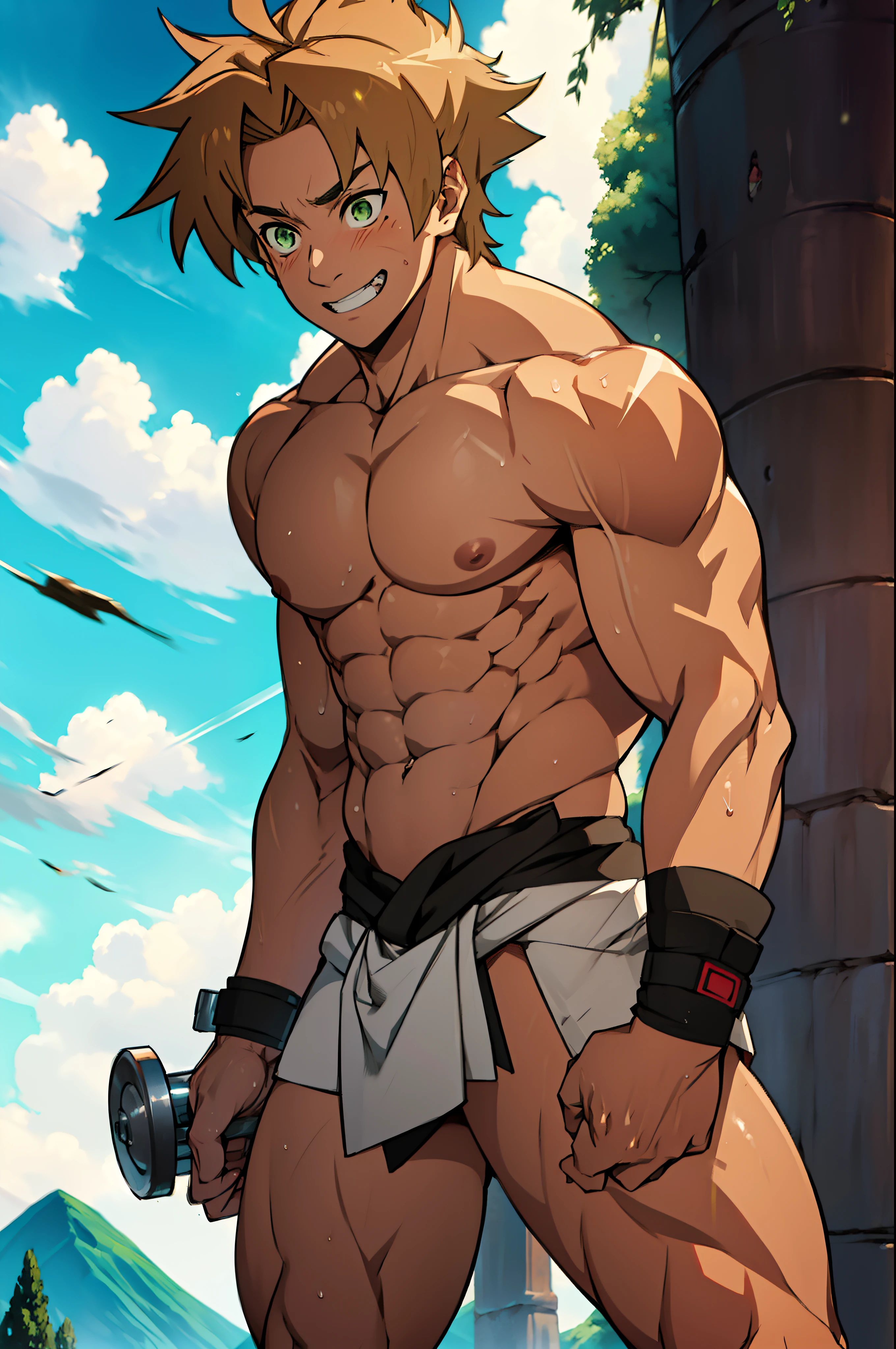red skin, bright red skin, the boy blushed shyly , rosy skin, shiny skin(muscular thigh muscles )(Naruto anime style, art) (photo angle from bottom up) (photo angle from the ground upwards) [Anime photo][highest quality photo][4k,HD photo quality ] wear tight and short loincloths ,the loincloth bulges due to the erect male genitals (muscular thigh muscles, firm thigh muscles, muscular thigh muscles, sinewy thigh muscles, giant thigh muscles, strong leg muscles, muscular hamstring leg muscles)(thigh muscles bulging as if about to explode, muscular, calloused, sinewy, giant) , Rudeus Greyrat,fun, happy,bodybuilder,bodybuilding, standing, lots of sweat flowing down, topless, shirtless, hot sunny, 8 pack abs , short hair , green eyes