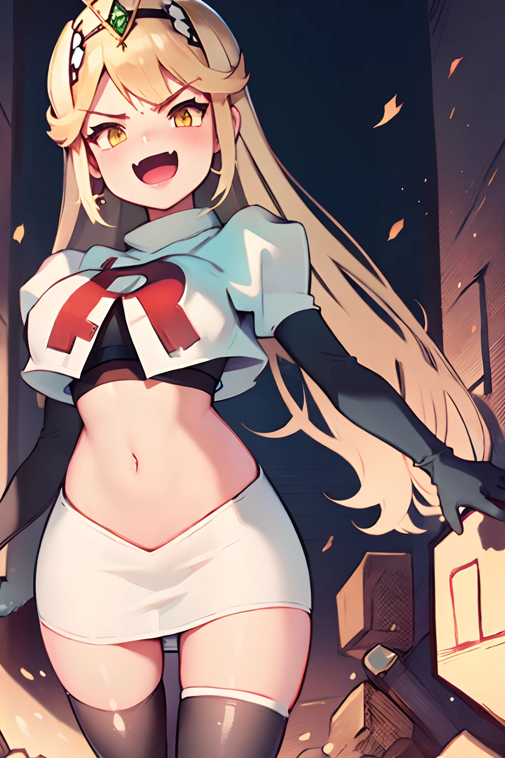 mythra,team rocket,team rocket uniform, red letter R, white skirt,white crop top,black thigh-highs,black elbow gloves, evil laugh