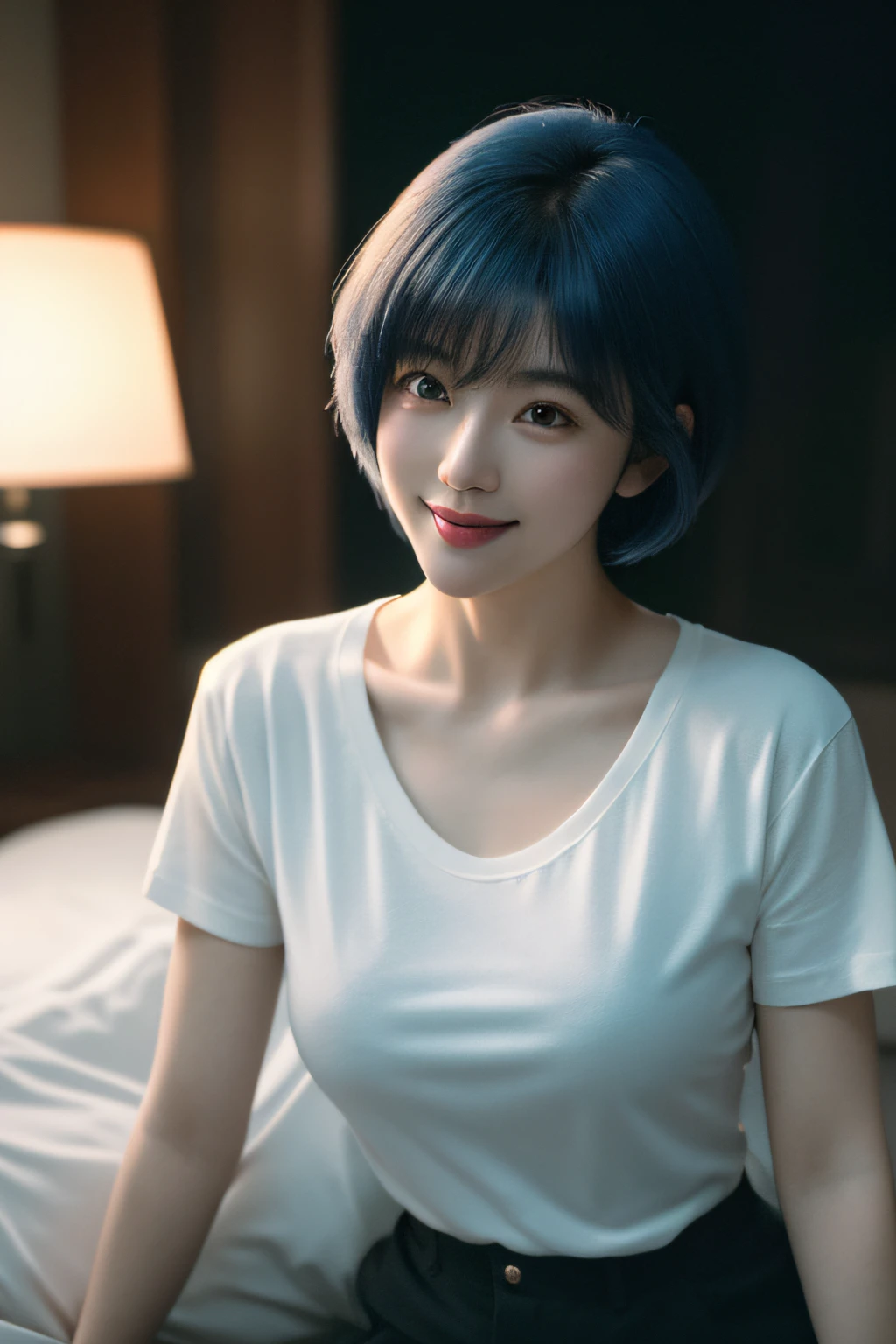 ((bestquality)), ((masterpiece)), (Detailed), ultra-detail, best shadows, high contrast, (best illumination, Extremely Delicate and Beautiful), ((cinematic light)), intricate detailed, Motoko Kusanagi, short blue hair, Upside down bob hairstyle, White T-shirt, black shorts, smile, romantic, outside, tokyo, nighttime