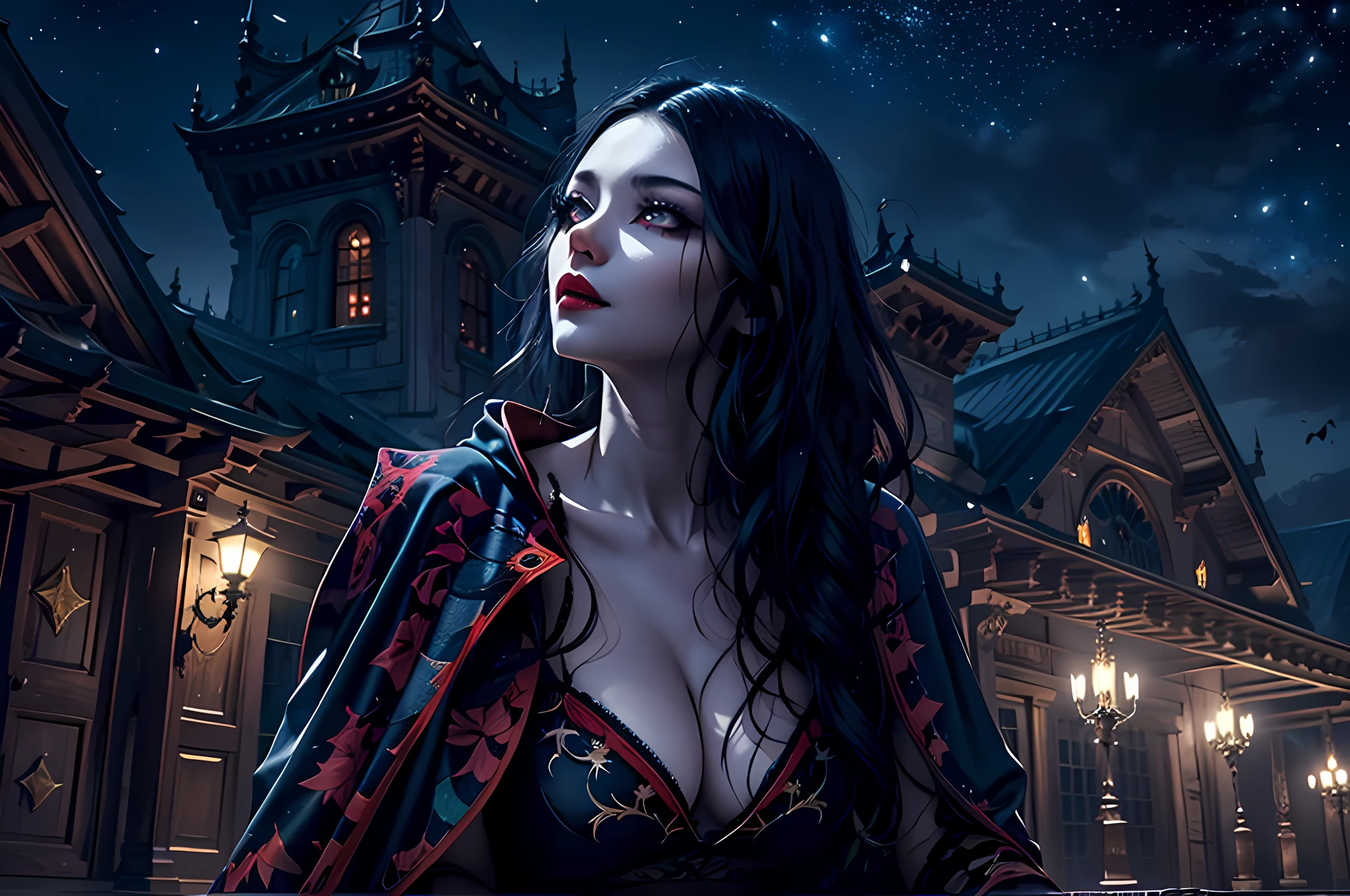 a picture of an exquisite beautiful female vampire standing under the starry night sky on the porch of her castle, dynamic angle (ultra detailed, Masterpiece, best quality), ultra detailed face (ultra detailed, Masterpiece, best quality), ultra feminine, (black skin: 1.3), black hair, wavy hair, dynamic eyes color, cold eyes, glowing eyes, intense eyes, dark red lips, [fangs], wearing white dress (ultra detailed, Masterpiece, best quality), wearing blue cloak (ultra detailed, Masterpiece, best quality), long cloak, flowing cloak (ultra detailed, Masterpiece, best quality), wearing high heeled boots, sky full of stars background, moon, bats flying about, high details, best quality, 8k, [ultra detailed], masterpiece, best quality, (ultra detailed), full body, ultra wide shot, photorealism, dark fantasy art, dark fantasy art, gothic art, many stars, dark fantasy art, gothic art, sense of dread,