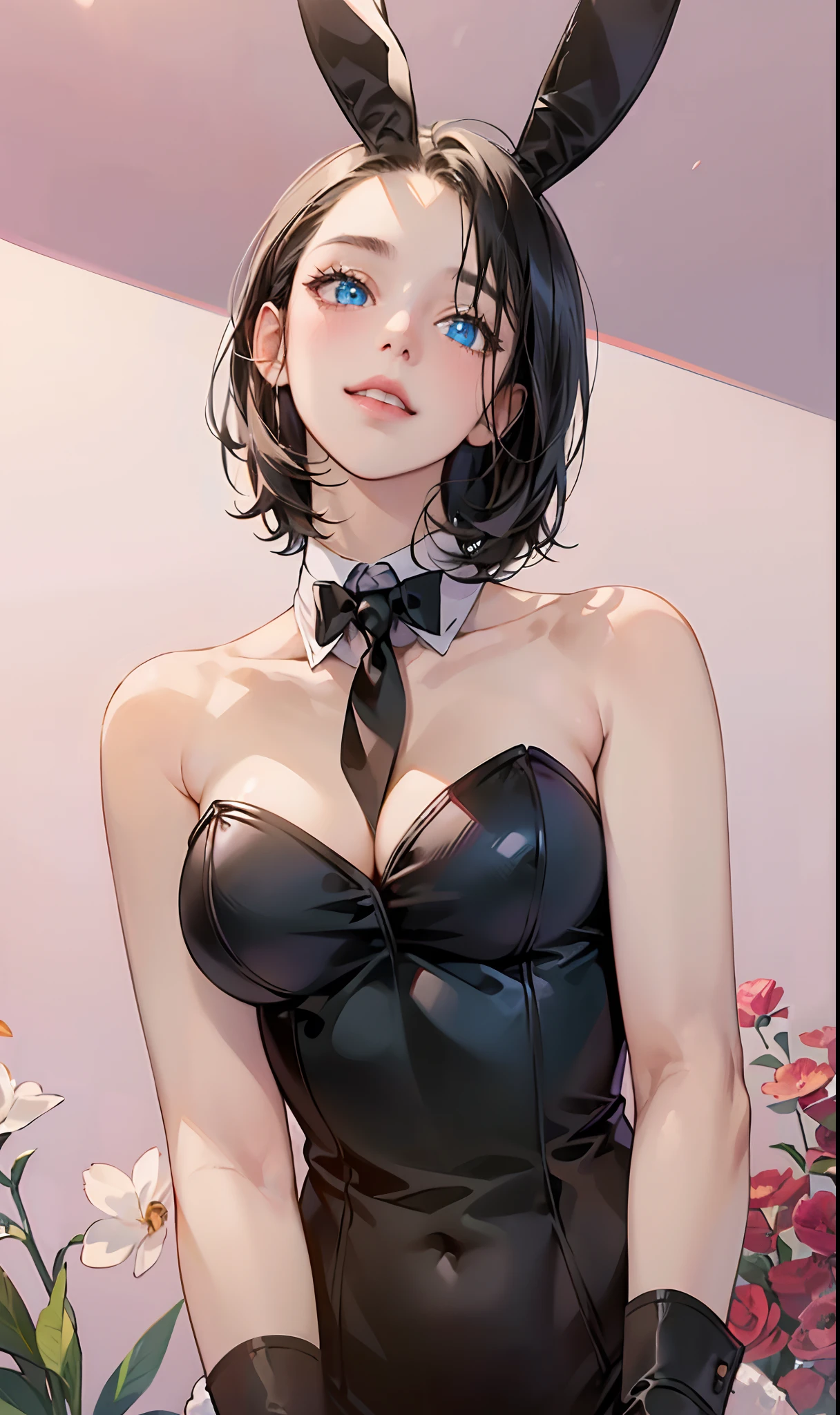 ((((masterpiece, best quality, high resolution)))), (1girl:1.5), black hair, bob cut, blunt bangs, (blue eyes: 1.5), (large breasts: 1.2), cleavage, blush, light smile, parted lips, glow, thighs, bare shoulders, collarbone, narrow waist, cleavage, (beautiful detailed face, beautiful detailed eyes), long slender thighs, perfect eyes, looking at the viewer, ((Playboy bunny suit, fake rabbit ears))