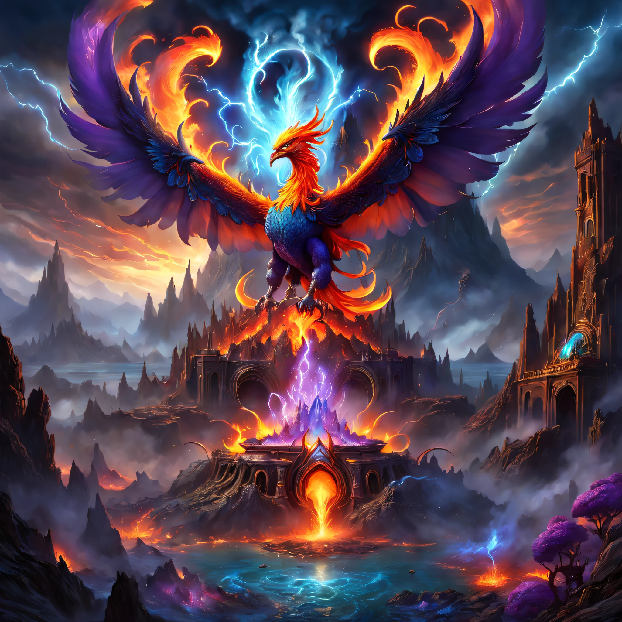 Doomsday landscape，a volcano erupts，Flame sputtering，blasts，molten lava，A phoenix emerges from the smoke，Liquid lava，Fire Palace，Colorful phoenix，Paired with purple and blue, fantasy highly detailed, With gorgeous magic lightning rings, magia, beautiful detailed fantasy, hyper-high detail, , magic fantasy highly detailed, stuning fantasy 3 d render, Inspired by L. Highly detailed aesthetics, hyper-high detail