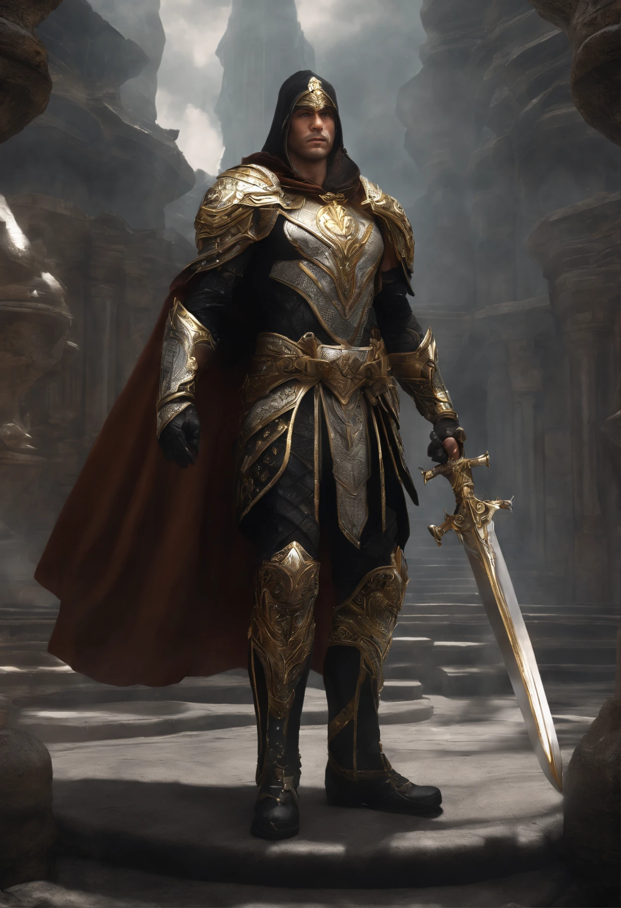 A fantasy superhero warrior, man, dressed mainly in black , secondary colors of silver, golden and white, in fantasy city, highly detailed, digital art, looking at viewer, artstation style, intrincate details, heavy armor, magic sword