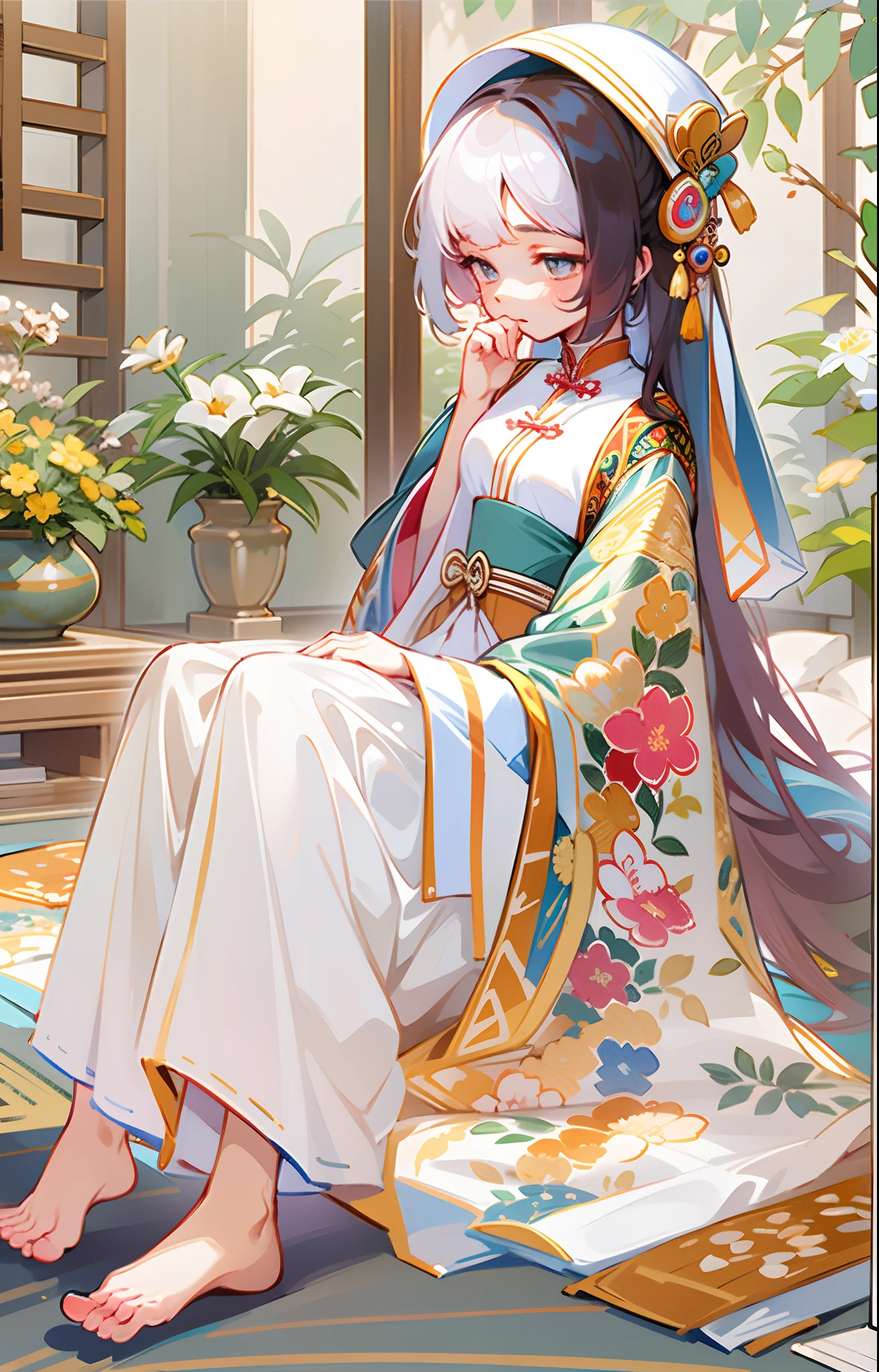 (A cute girl,Sit barefoot,Reveal her delicate feet),Barefoot,Long narrow eyes,An embarrassed expression,Beautifully designed traditional Chinese costumes,Rich in patterns,Silk fabric,Soft and shiny fabric, Vibrant colors,Floral embroidery and gold thread,flowing short dress,Long sleeves,elaborate detail,White and tender feet,Five toes,Details of the soles of the feet,Petite feet,Minimalist background,subtly lit,Photorealistic style,Vivid colors,Detailed rendering,high resolution,4K quality,Sharp focus.