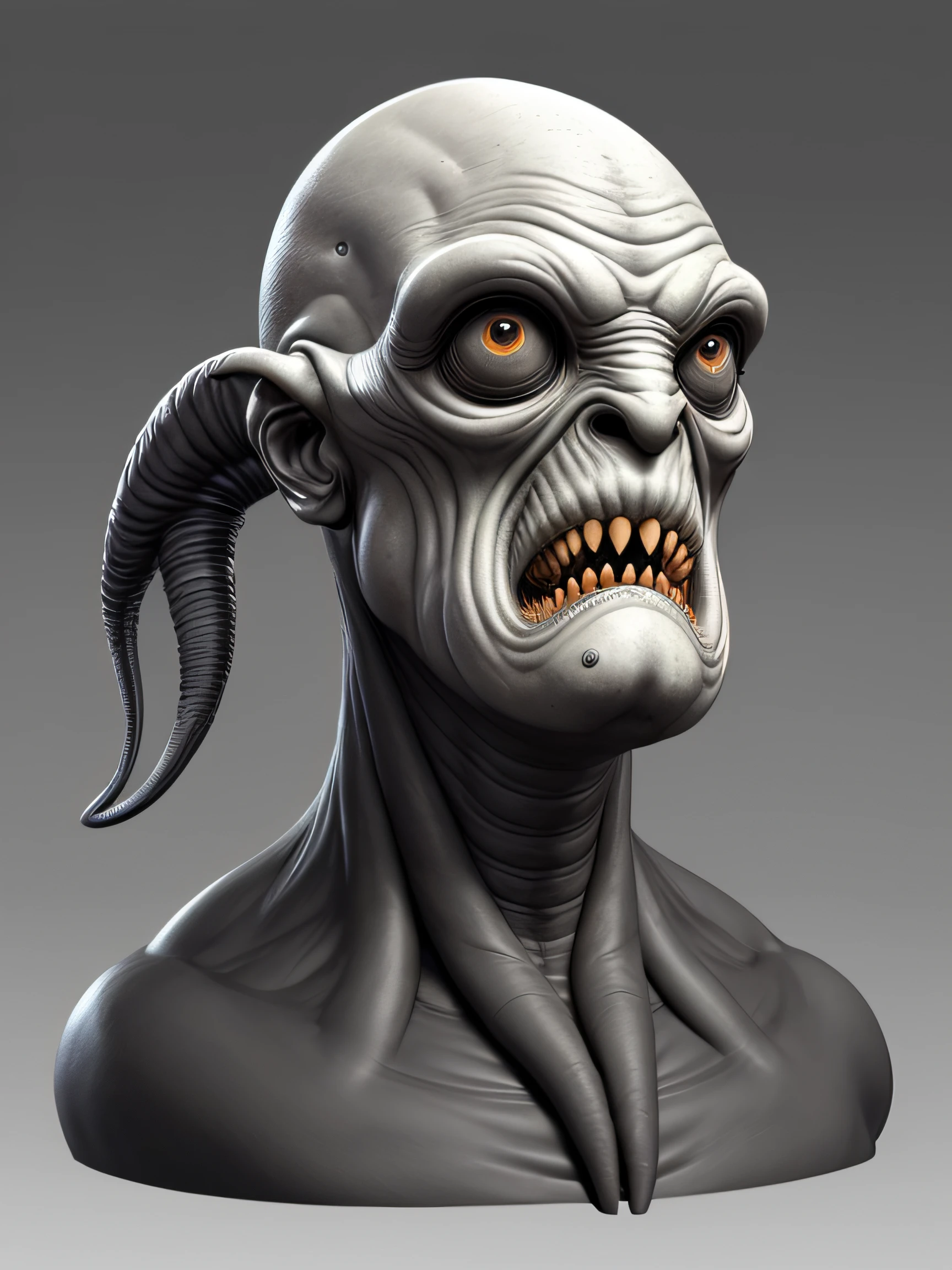 Black and white photo of a man with a large head and tentacles near his mouth, full - body, Athletic build, realistic creature concept, grey skin, bald head, elongated head, sharp teeth, eyes without pupils, Made with Zbrush, Sculpture in Zbrush, Rendered in Zbrush, Zbrush 3D рендеринг, Lovecraft's Sea Creature, Portrait of Kthulu, Concept art of the creature, Painted in Zbrush, Creature design, Modeled in Zbrush, ZBrush Render