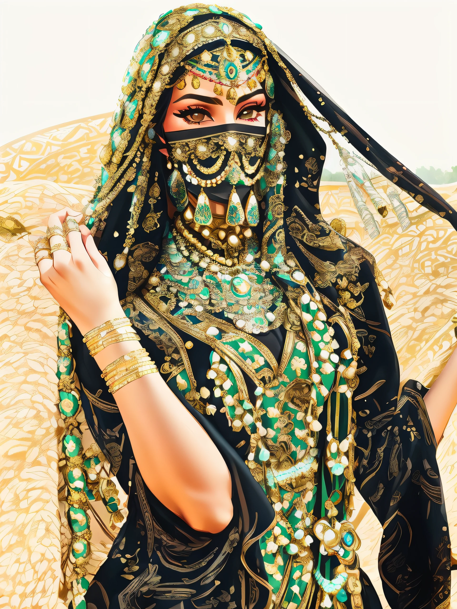 arafed woman in a black dress and a veil with a gold border, arab inspired, arabian beauty, arabian princess, wearing an elegant tribal outfit, arabian nights inspired, middle eastern skin, arab princess, wearing ornate clothing, ornate mask and fabrics, arabian, beautiful arab woman, wearing an ornate outfit, portrait of bedouin d&d, arabian art