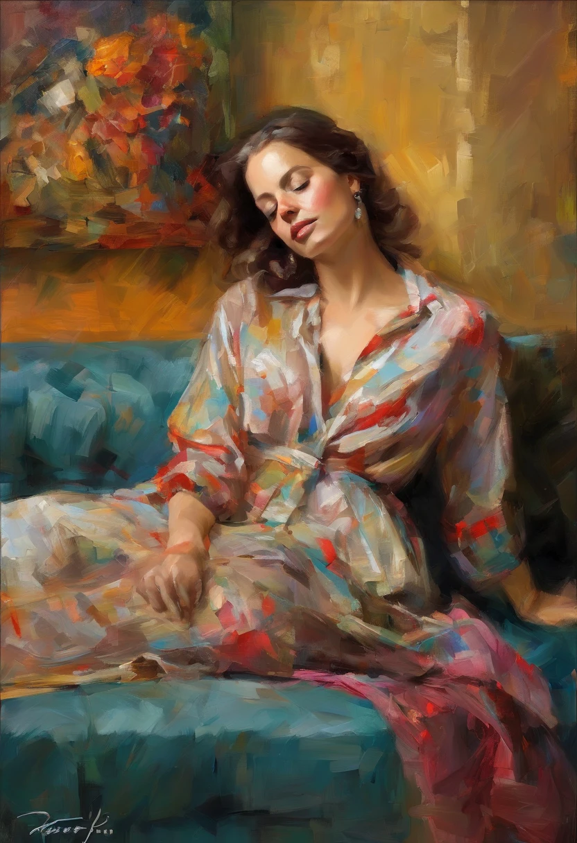A painting of a woman with her eyes closed, ((golden ratio}} laying on the sofa after a long night on the town, a sensual painting, a Beautiful expressive painting, Wadim Kashin. Ultra photo realism, Louise Ross, digital painting art, Perceptual digital painting, Stylish digital painting, Bonito painting, glossy digital painting, beautiful digital painting, digital art painting, Fine paintings, ((Rod acrylic paint)).