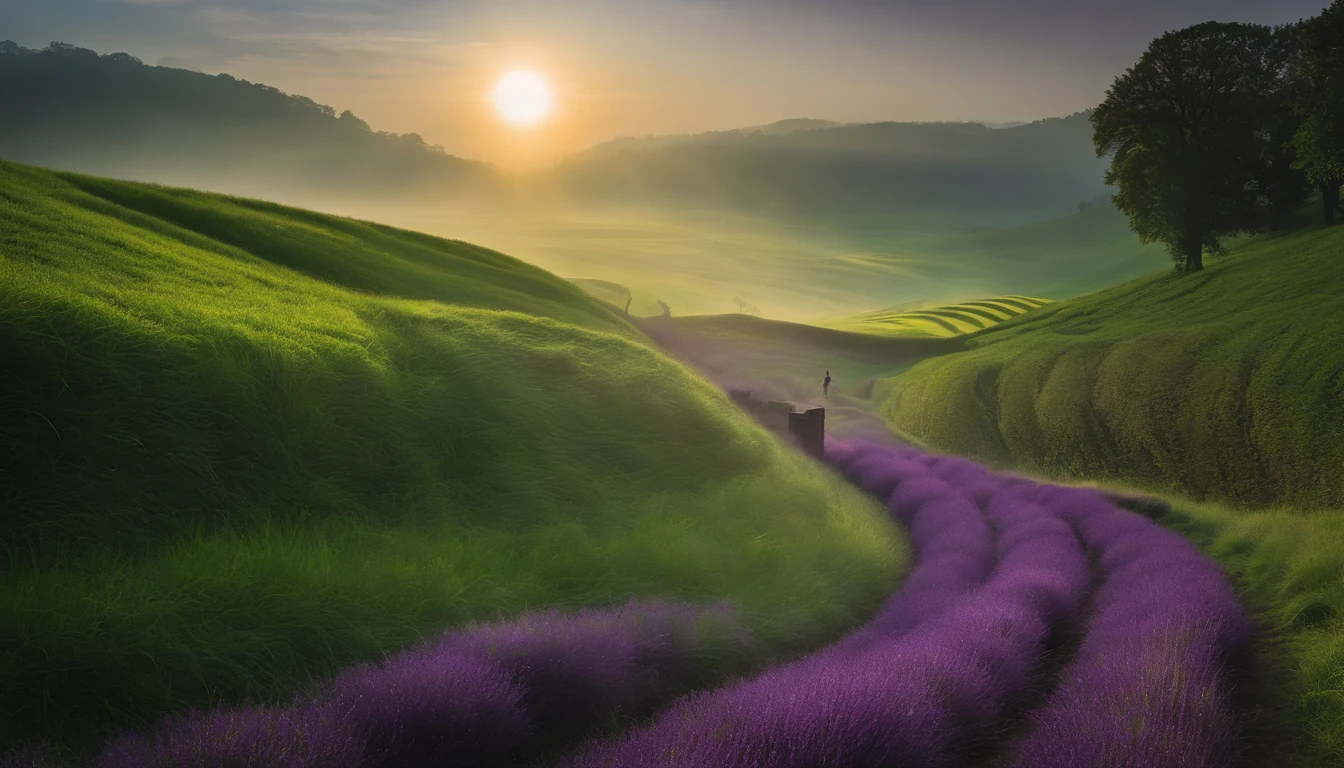 a purple path in the middle of a green field, ((giant sun)),Rolling green grass, ((Tai chi)), ,an ultrafine detailed painting by Daren Bader, shutterstock contest winner, neo-romanticism, soft mist, made of mist, deviantart,Fujifilm XT3,by Steve McCurry, by Alessio Albi, by Lee Jeffries, by Herb Ritts, by Jeremy Man,long shot,wide view, commercial photography