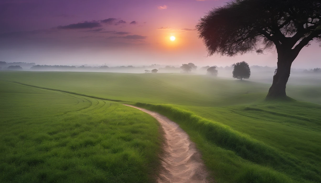 a purple path in the middle of a green field, ((giant sun)),Rolling green grass, ((Tai chi)), ，an ultrafine detailed painting by Daren Bader, shutterstock contest winner, neo-romanticism, soft mist, made of mist, deviantart,Fujifilm XT3,by Steve McCurry, by Alessio Albi, by Lee Jeffries, by Herb Ritts, by Jeremy Man，long shot,wide view, commercial photography