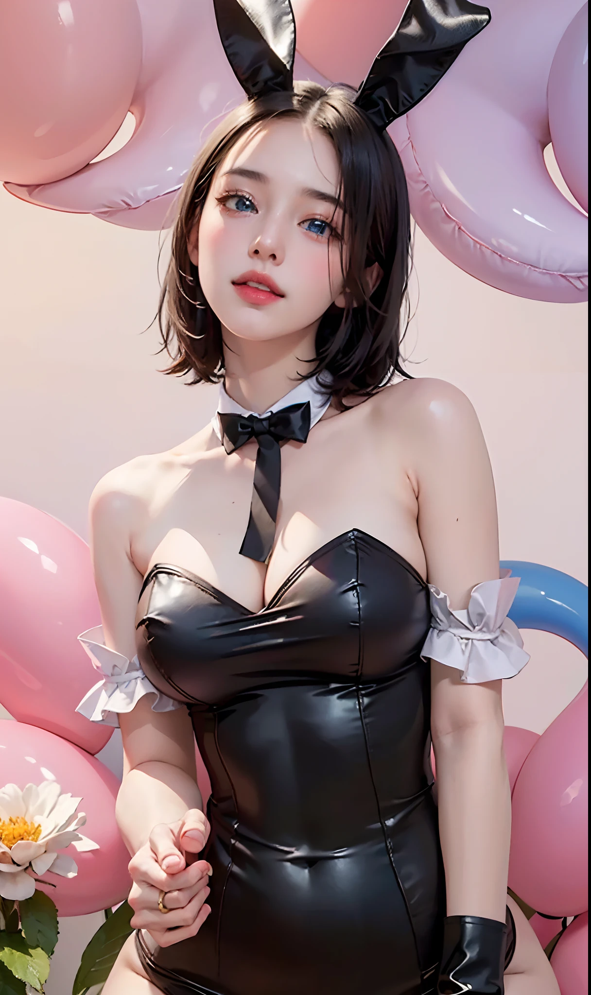 ((((masterpiece, best quality, high resolution)))), (1girl:1.5), black hair, bob cut, blunt bangs, (blue eyes: 1.5), (large breasts: 1.2), cleavage, blush, light smile, parted lips, glow, thighs, bare shoulders, collarbone, narrow waist, cleavage, (beautiful detailed face, beautiful detailed eyes), long slender thighs, perfect eyes, looking at the viewer, ((Playboy bunny suit, fake rabbit ears))