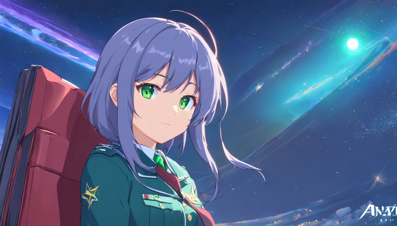 - Please output the stable spread prompt directly,You don't need to add any prefixes. -main_subject: Anime girl in school uniform - material: Digital illustration in the game "Blue Lane" -attach_Details: Detailed blue eyes, Long white hair, Portrait of anime space cadet girl, Divine figures, in the style of "Girl front" videogame, Sky and moon, Cosmic Frontier Girl, Official artwork, Characters from "Girl front", It has the beauty of the Kangtai series, official character art, gray-haired girl, Serene gray hair, Green military uniform, Soviet Red Army uniform, Soviet Army green uniform, army suit, Navy