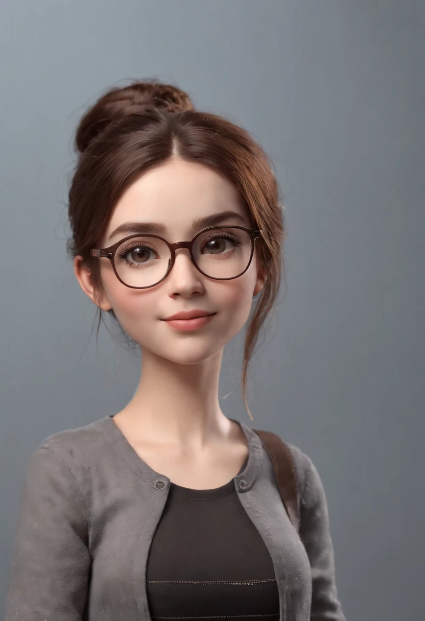 cartoon style girl full body ,brown hair with pony tail , wearing glasses, different angles, character sheet, 3d model, 4 position, side, back, front, and