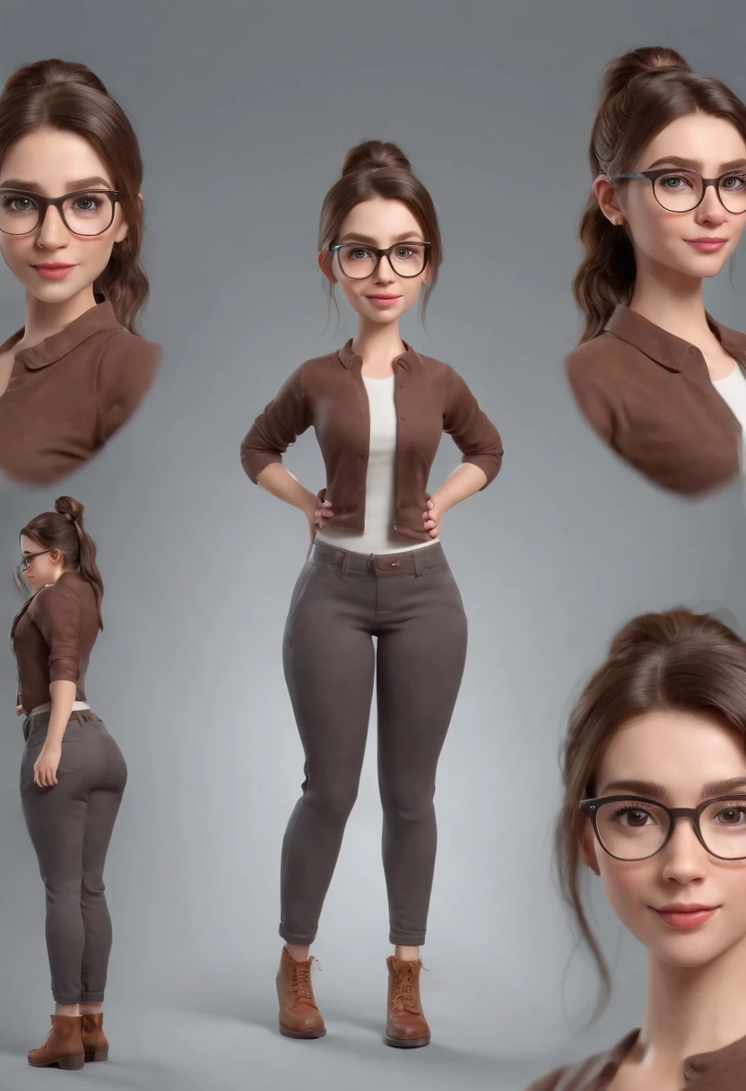 cartoon style girl full body ,brown hair with pony tail , wearing glasses, different angles, character sheet, 3d model, 4 position, side, back, front, and