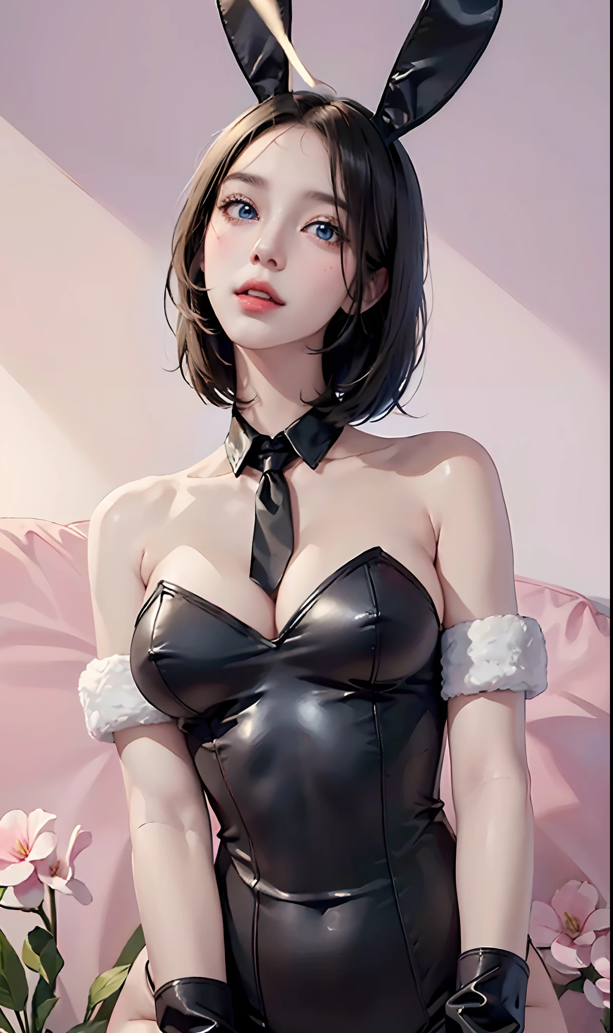 ((((masterpiece, best quality, high resolution)))), (1girl:1.5), black hair, bob cut, blunt bangs, (blue eyes: 1.5), (large breasts: 1.2), cleavage, blush, light smile, parted lips, glow, thighs, bare shoulders, collarbone, narrow waist, cleavage, (beautiful detailed face, beautiful detailed eyes), long slender thighs, perfect eyes, looking at the viewer, ((Playboy bunny suit, fake rabbit ears))