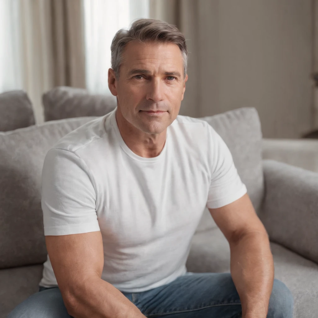 American man, middle aged Photorealistic Masterpice on sofa, wearing t-shirt,without any light, Perfect Full Body, Perfect Face, HD, distance frame