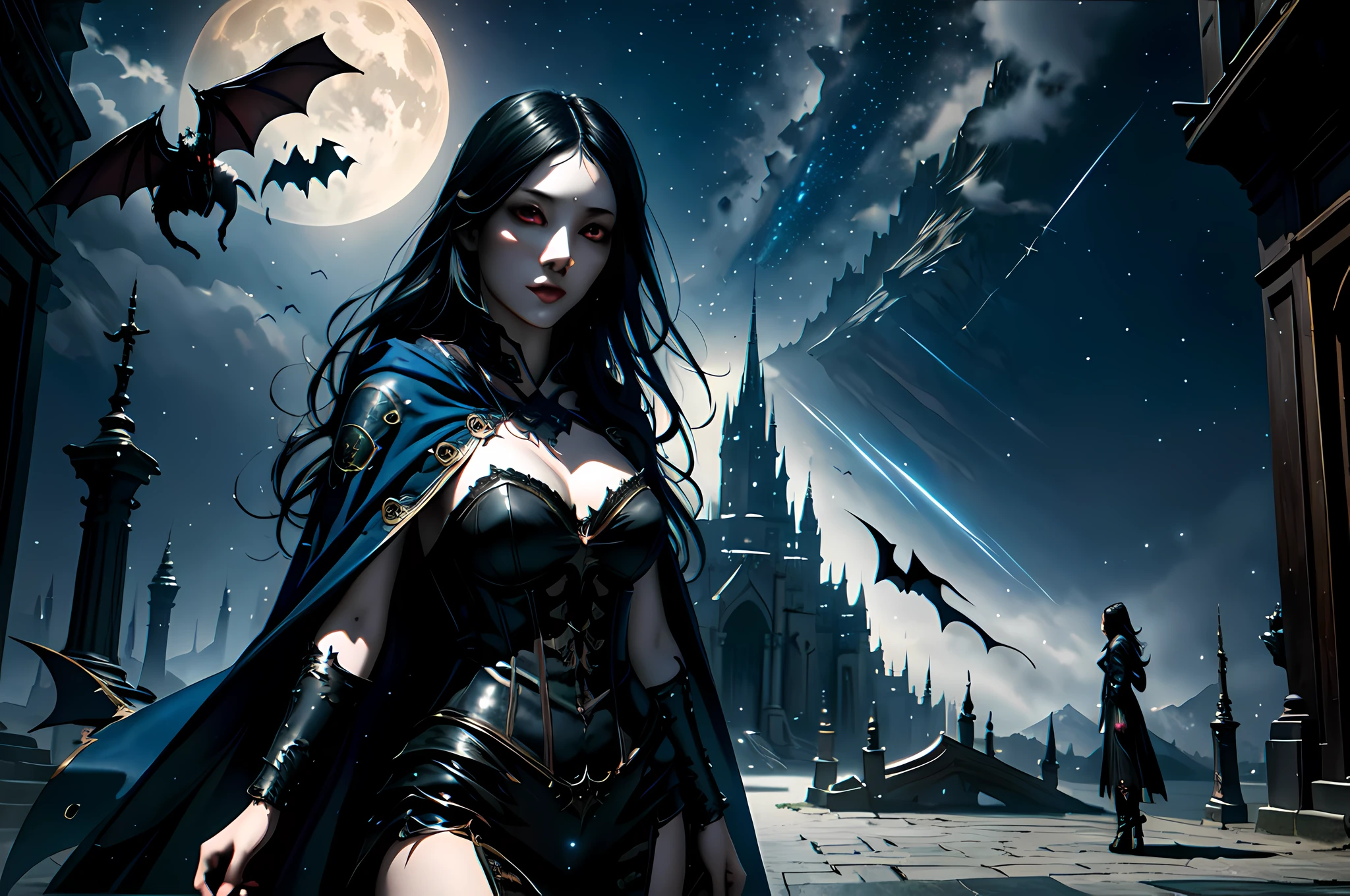 a picture of an exquisite beautiful female vampire standing under the starry night sky on the porch of her castle, dynamic angle (ultra detailed, Masterpiece, best quality), ultra detailed face (ultra detailed, Masterpiece, best quality), ultra feminine, (black skin: 1.3), black hair, wavy hair, dynamic eyes color, cold eyes, glowing eyes, intense eyes, dark red lips, [fangs], wearing white dress (ultra detailed, Masterpiece, best quality), wearing blue cloak (ultra detailed, Masterpiece, best quality), long cloak, flowing cloak (ultra detailed, Masterpiece, best quality), wearing high heeled boots, sky full of stars background, moon, bats flying about, high details, best quality, 8k, [ultra detailed], masterpiece, best quality, (ultra detailed), full body, ultra wide shot, photorealism, dark fantasy art, dark fantasy art, gothic art, many stars, dark fantasy art, gothic art, sense of dread,