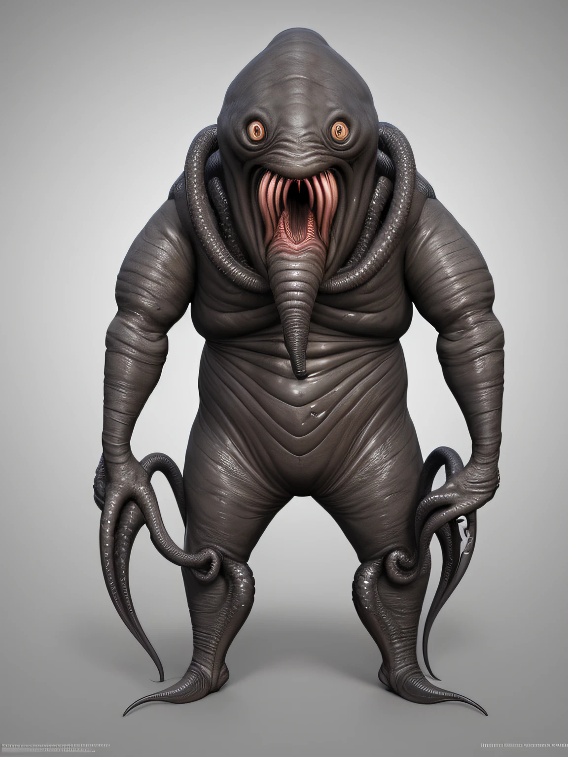Realistic photo of a man with a large head and tentacles near his mouth, tentacles around the mouth, full - body, in full height, Clawed fingers, Athletic build, realistic creature concept, grey skin, bald head, elongated head, sharp teeth, eyes without pupils, Made with Zbrush, Rendered in Zbrush, Zbrush 3D рендеринг, Lovecraft's Sea Creature, Cthulu, Concept art of the creature, Painted in Zbrush, Creature design, Modeled in Zbrush, ZBrush Render