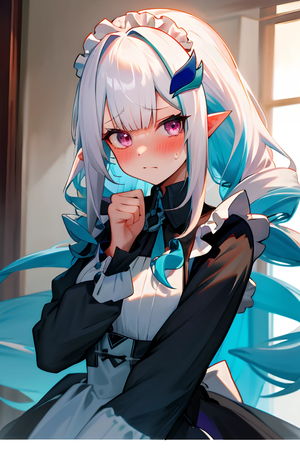 One girl with long drills hair, white hair, looking at viewer, embarrassed, blushing, tears, indoor , maid dress, black maid dress, puff long sleeves, pointy ears, upper body, hair ornament