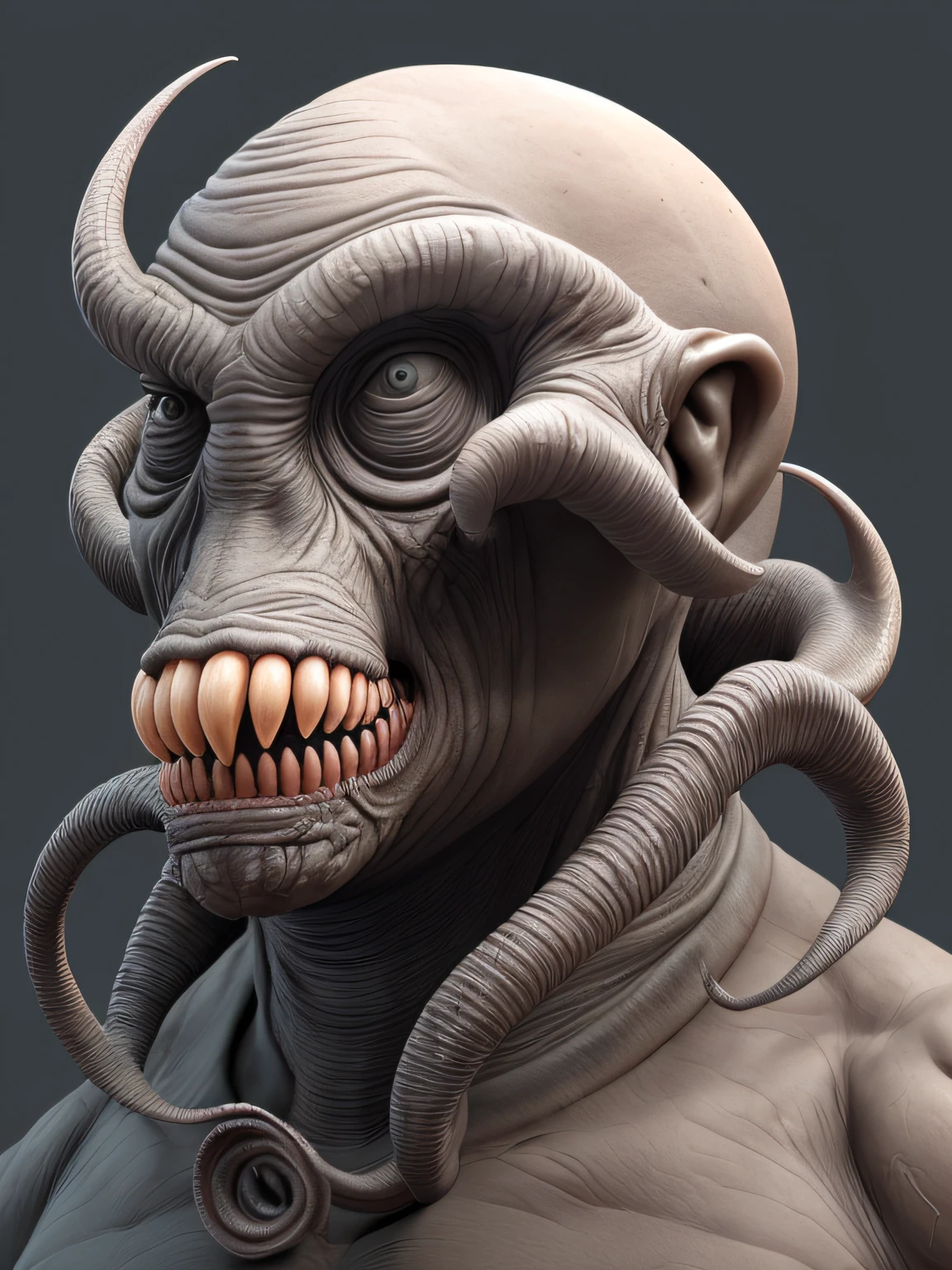 Realistic photo of a man with a large head and tentacles near his mouth, tentacles around the mouth, full - body, in full height, Clawed fingers, Athletic build, realistic creature concept, grey skin, bald head, elongated head, sharp teeth, eyes without pupils, Made with Zbrush, Rendered in Zbrush, Zbrush 3D рендеринг, Lovecraft's Sea Creature, Cthulu, Concept art of the creature, Painted in Zbrush, Creature design, Modeled in Zbrush, ZBrush Render