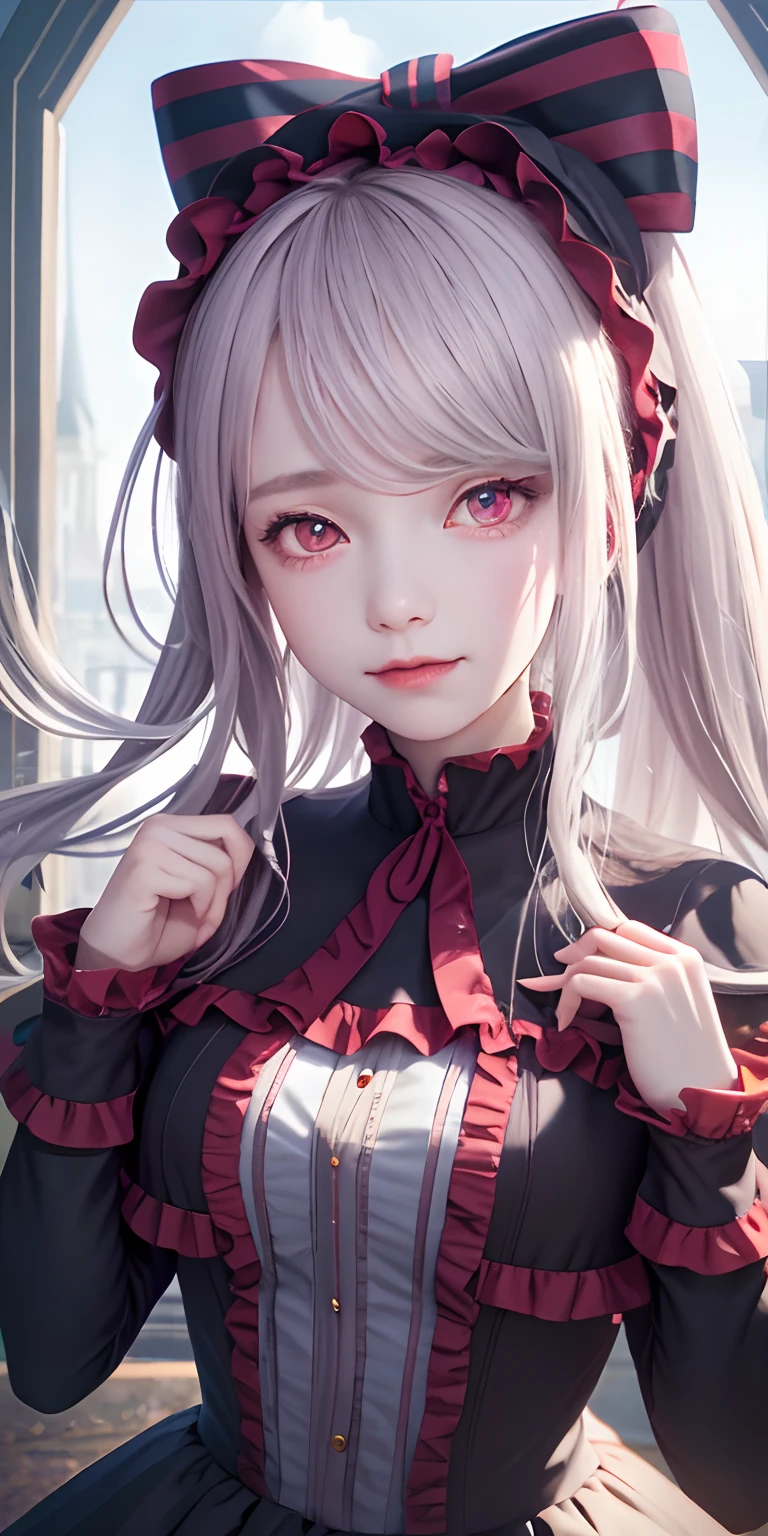 , best quality, ShalltearV4, 1girl, solo, dress, frills, bow, hair bow, fang, slight smile, pale skin, glowing, glowing eyes, portrait,red eyes