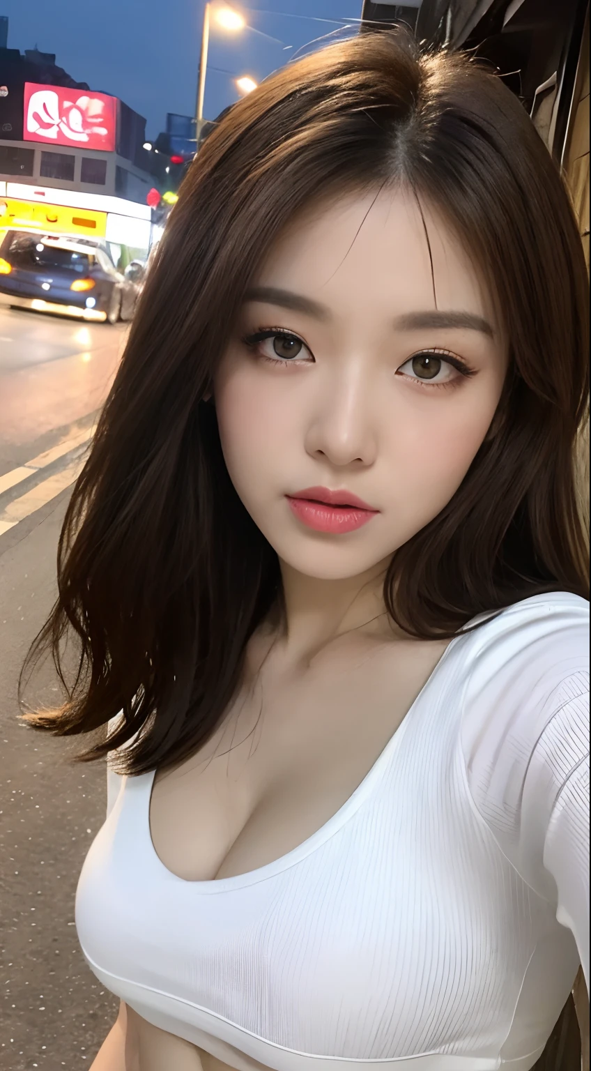 ((Realistic lighting, Best quality, 8K, Masterpiece: 1.3)), Clear focus: 1.2, 1girl, Perfect beauty: 1.4, Big breasts: 1.2, Slim abs: 1.1, ((dark brown hair)), (White crop top: 1.4), (Outdoor, night: 1.1), City streets, Super fine face, fine eyes, Double eyelids,