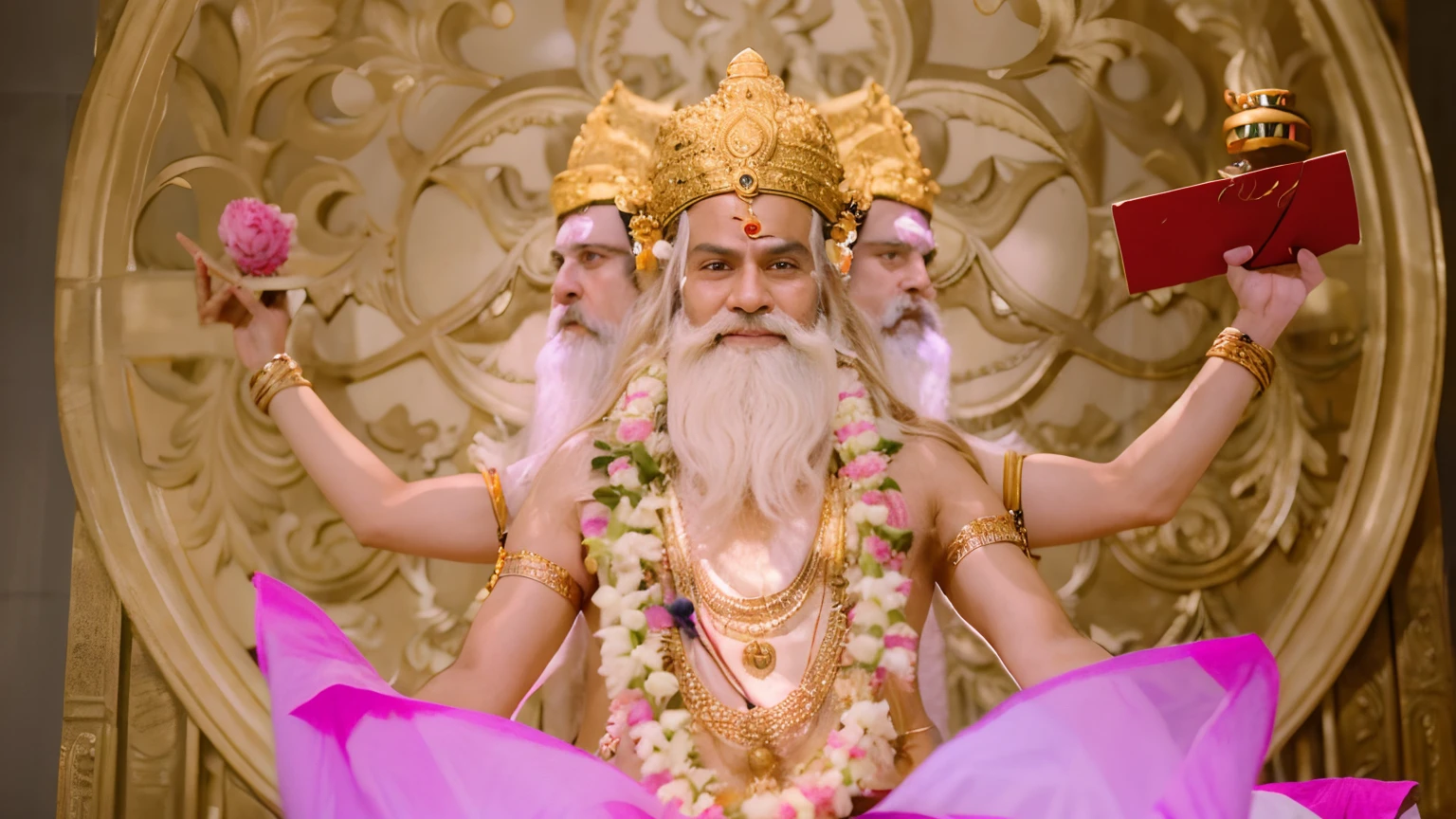 HINDU god Bramha, smile, long white beard, long hair, sheet on lotous