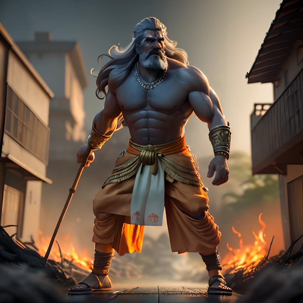 An ancient old Indian muscular sage facing many arrows coming towards him by his wooden stick, wearing orange dhoti, long matted hairs, long mustache, long beard, wide chaste narrow waist, strong body, ultra realistic, hindu mythology, very angery, blue light coming from sky, horror,a 55 years old man proper eyes, An Indian god, moderate stature, has a big tail, Fire on the background, strongly built, broad-chested, narrow-waisted, and long-armed, big golden stick in his hand, in a dark forest (Professional 3D rendering:1.3) by (Realistic:1.3) World's most beautiful art picture, Features soft, dark complexation male heroes , hindu god, indian god, ((Epic hindu god , fantasy rough muscular man wet hero angry look long hair long slightly white beard and fierce expression in dynamic pose, wearing a orange robe, inside a jungle, burning lights in the background, majestic environment)), full body 8k unit render, action shot, skin pores, very dark lighting, heavy shading, detailed, Detailed face, (vibrant, photorealistic, Realistic , Dramatic, Dark, sharp focus, 8k), (orange cloths with heavy jewelry r:1.4), (intricate:1.4), decayed, (highly detailed:1.4), painting digital, rendering by octane, art stations, Concept-Art, smooth, sharp focus, illustration, germ of art, (Loish:0.23), Wlop Ilya Kuvshinov, and Greg Rutkowski and Alphonse Mucha Gracias, (global illumination, studiolight, Light Volumetric ), heavy rain, floating particles, scoundrel, fantasy, Eleven, full bodyesbian, ((Dark old city background:1.3)),CGSesociedade,art stations