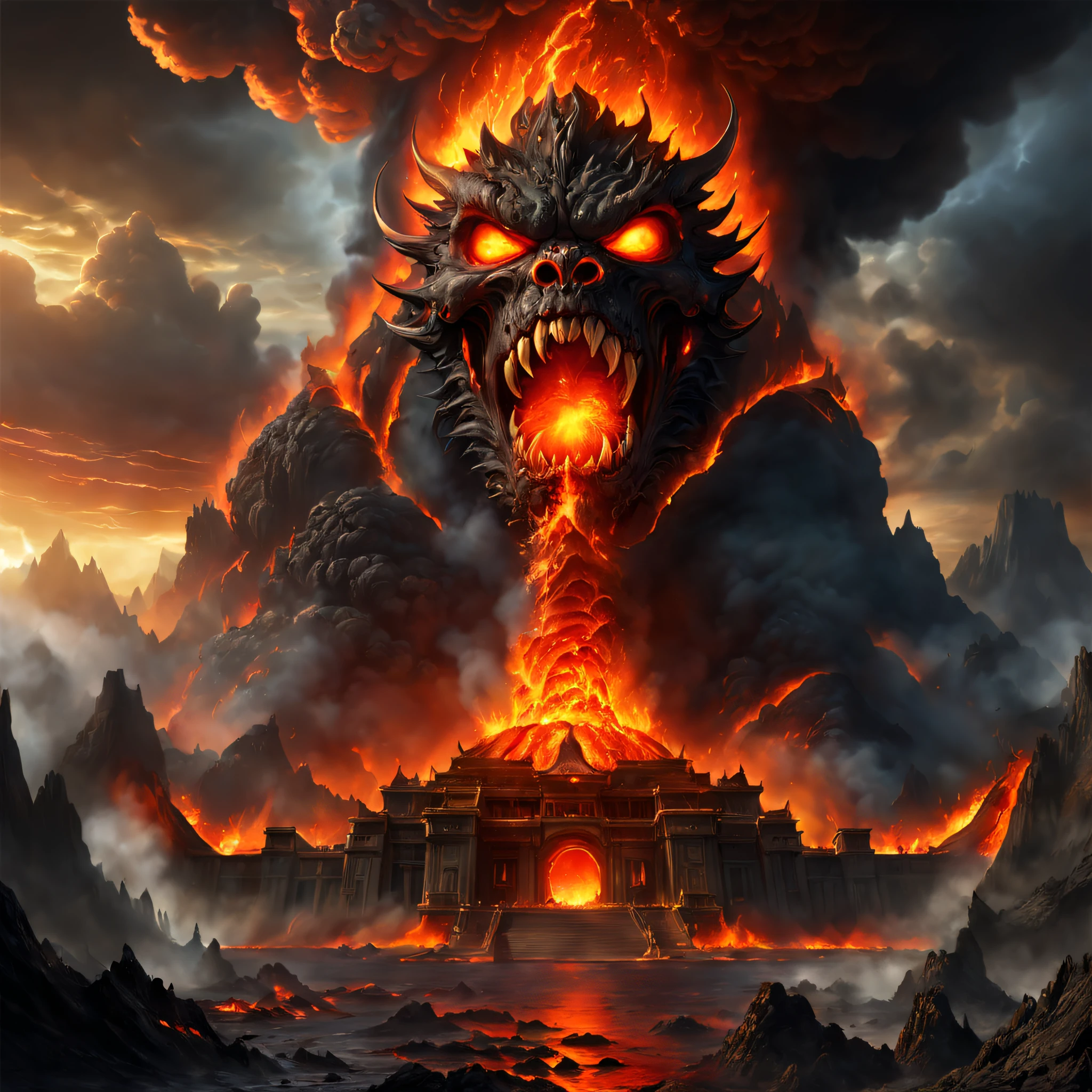 Doomsday landscape,Huge volcanic eruptions,Flame sputtering,molten lava,erupting,A demon's face emerged from the thick smoke,Nuclear barrage,Liquid lava,hydrosphere,Fire Palace,(illustratio:1.0)、Epic composition、Realistic lighting、high definition detail、tmasterpiece、Best quality,(非常详细的 CG 统一 8k 壁纸)