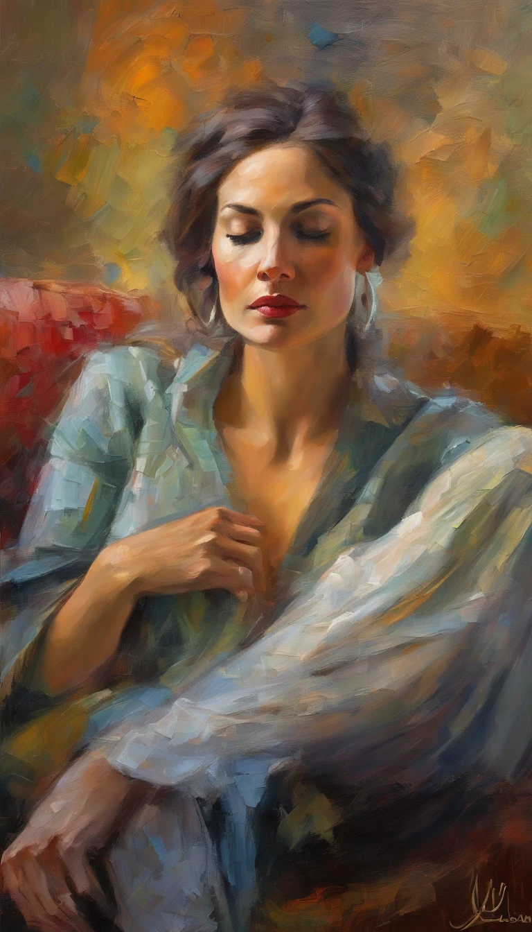 A painting of a woman with her eyes closed, ((golden ratio}} laying on the sofa after a long night on the town, a sensual painting, a Beautiful expressive painting, Wadim Kashin. Ultra photo realism, Louise Ross, digital painting art, Perceptual digital painting, Stylish digital painting, Bonito painting, glossy digital painting, beautiful digital painting, digital art painting, Fine paintings, ((Rod acrylic paint)).